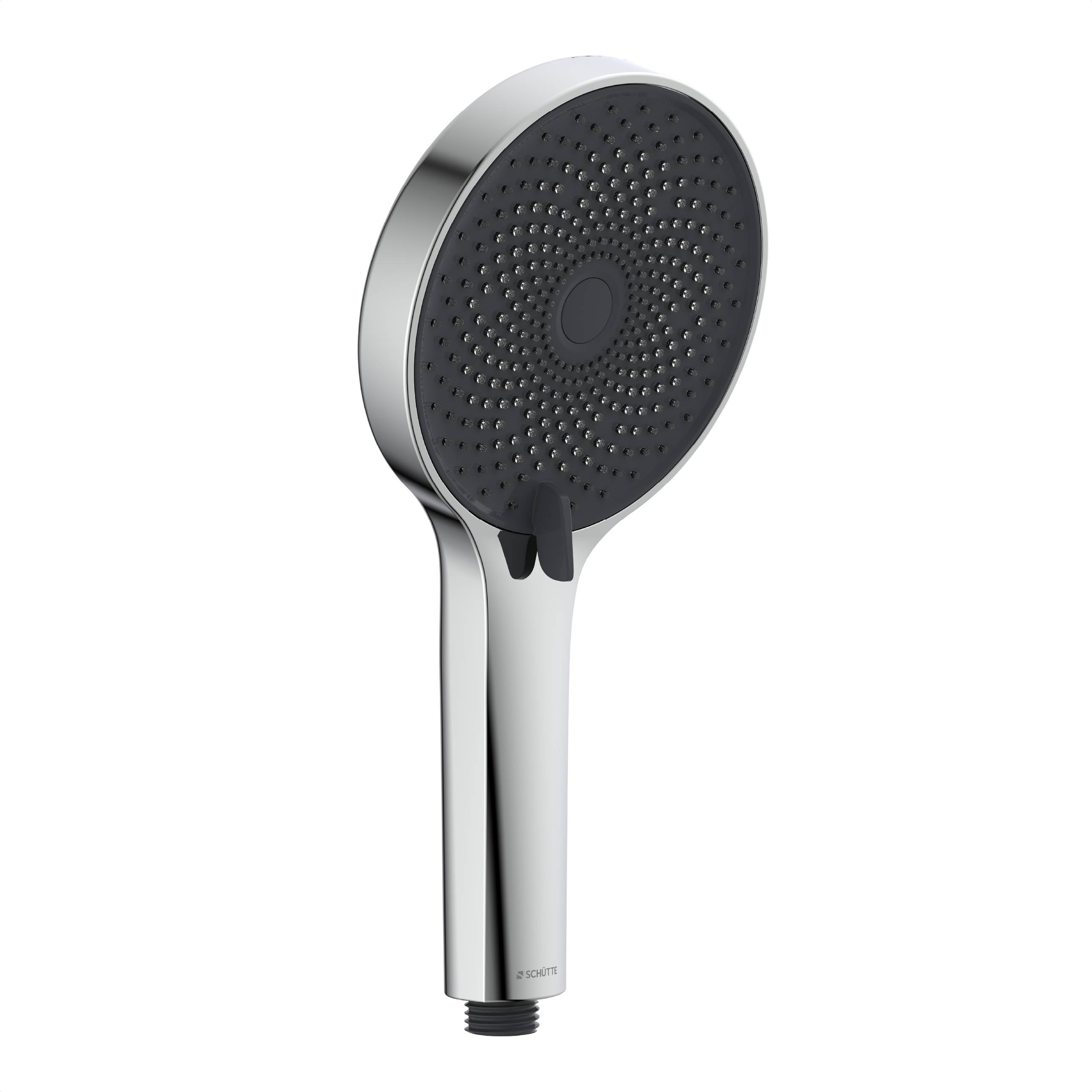 Verchromter Handbrausekopf mit schwarzer Düsenplatte, kreisförmigem Design und schlankem Griff.