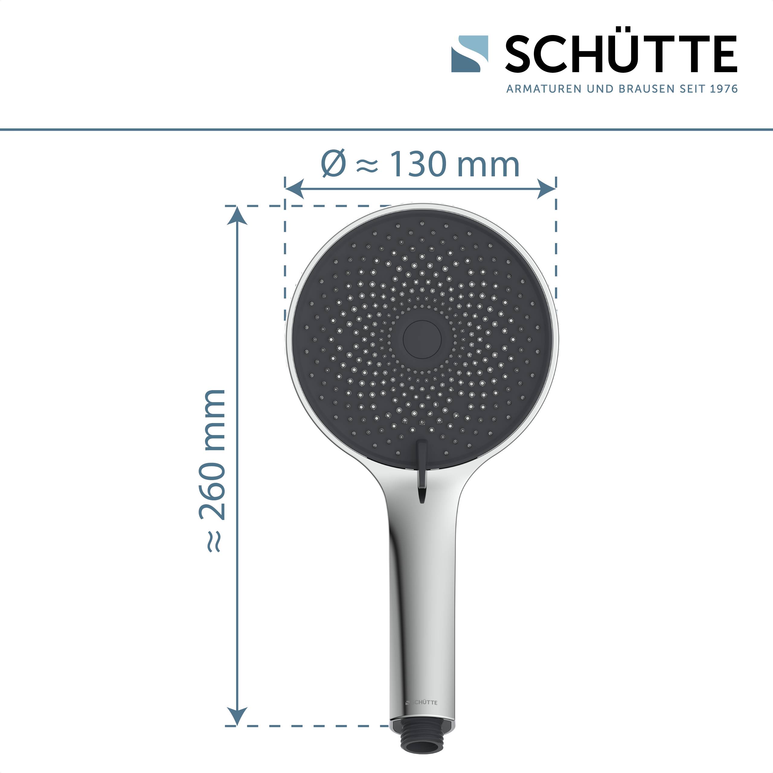 Ein runder Duschkopf mit einem Durchmesser von etwa 130 mm und einer Länge von etwa 260 mm, angezeigt mit Maßangaben.