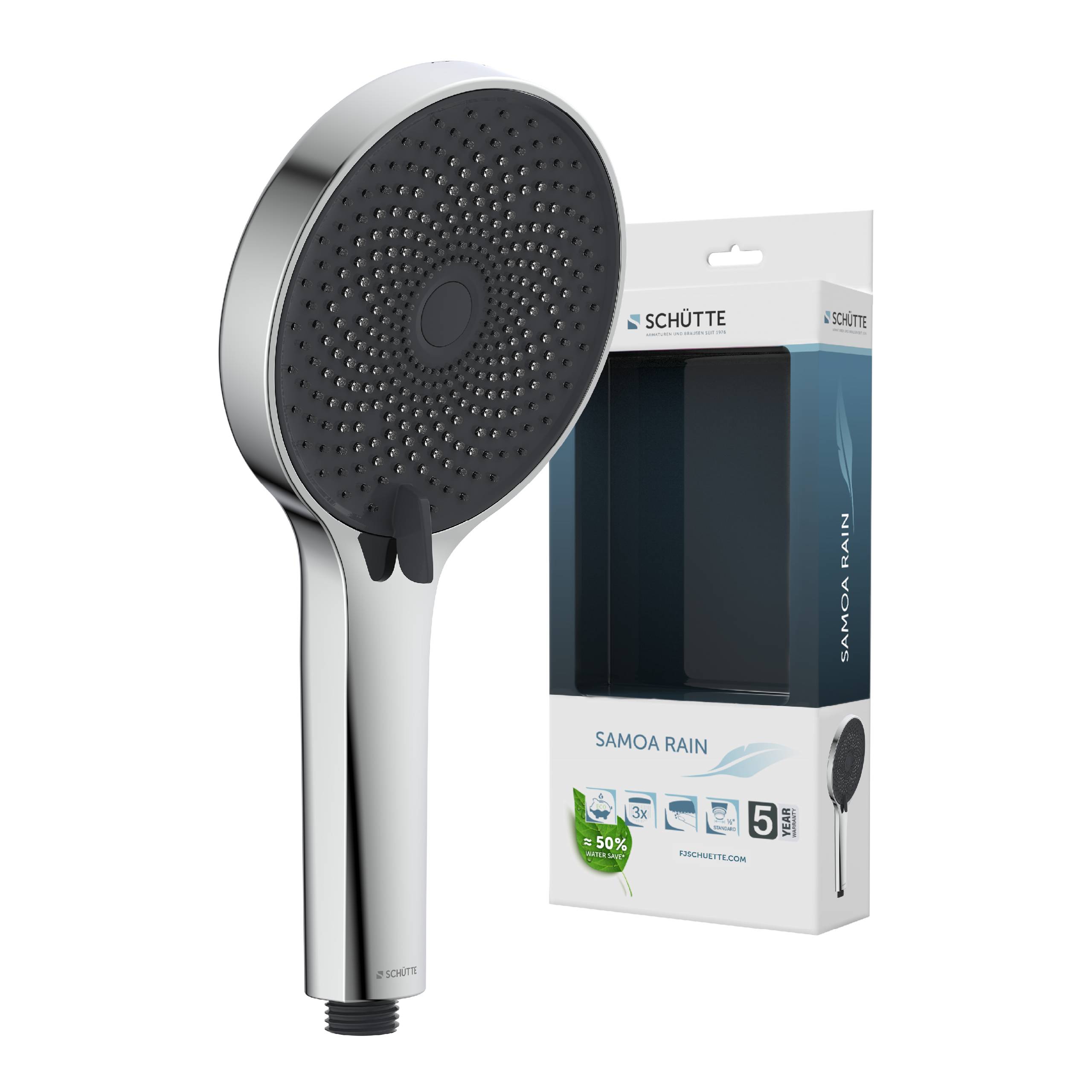 Ein schlanker, runder Duschkopf aus Chrom mit schwarzen Düsen, neben seiner Verpackung mit dem Etikett „Samoa Rain