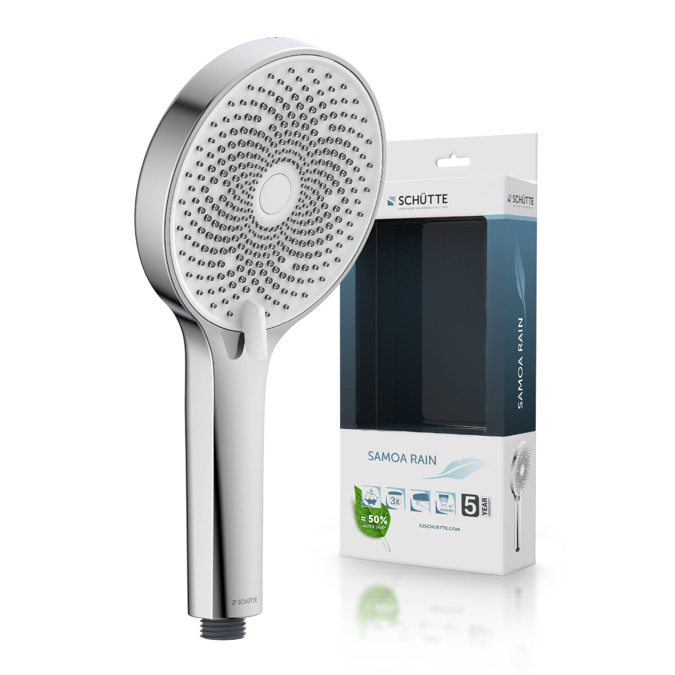 Chromhandbrause mit rundem Kopf und vielen Düsen neben einer Schachtel mit der Aufschrift „Samoa Rain