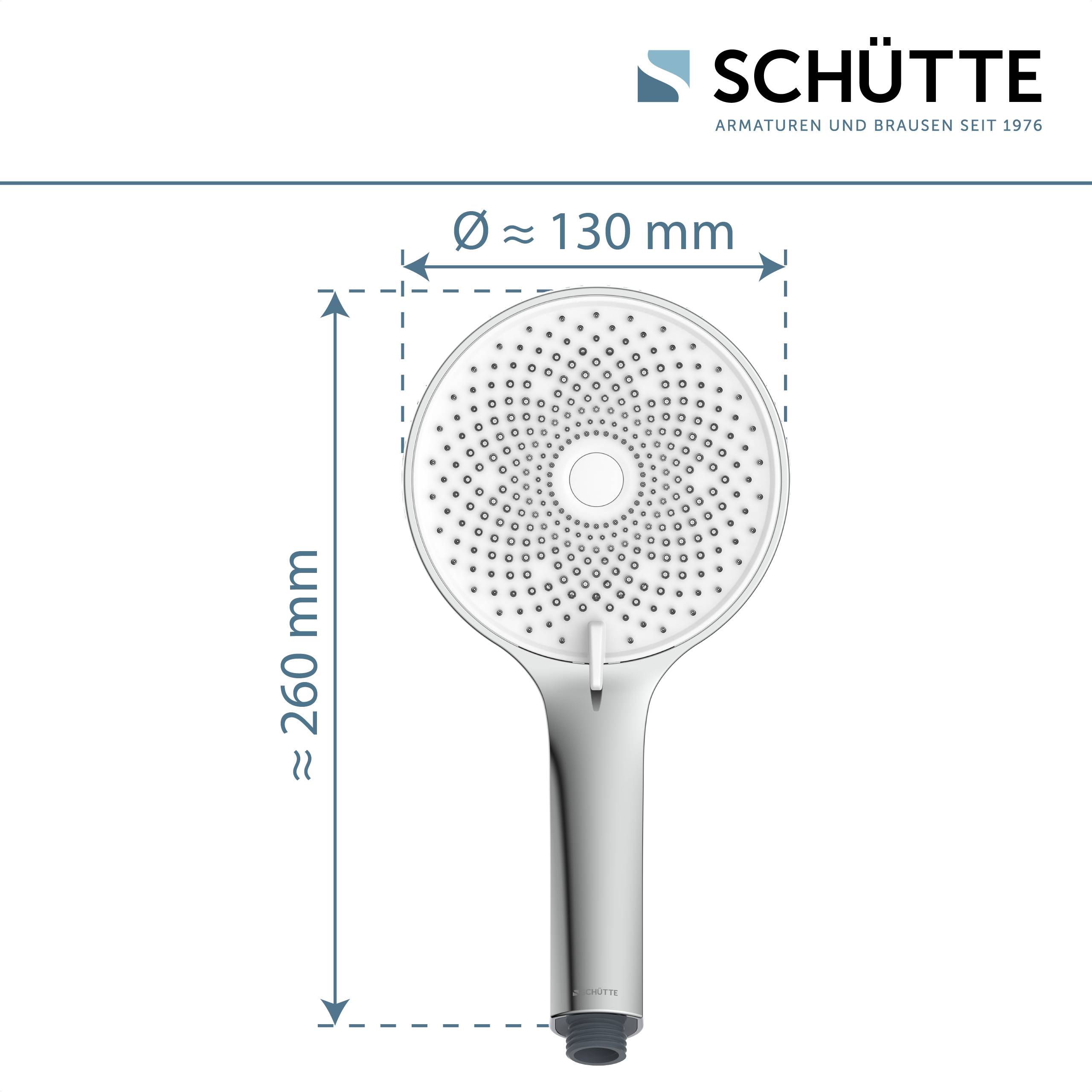 Ein Schütte-Duschkopf mit einem runden Durchmesser von 130 mm und einer Länge von etwa 260 mm wird vor weißem Hintergrund gezeigt.
