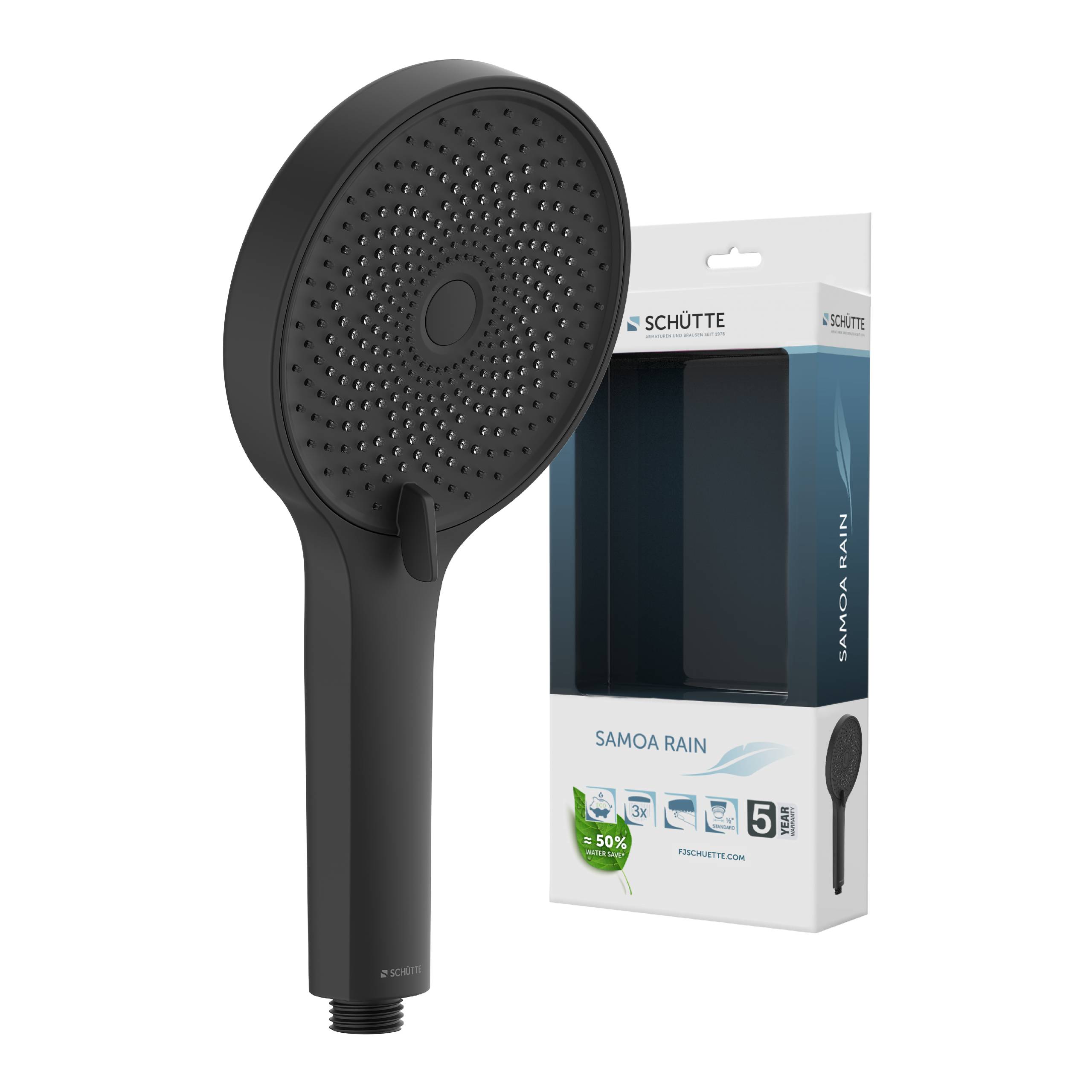 Ein schwarzer tragbarer Duschkopf wird neben seiner Verpackung gezeigt, die mit 