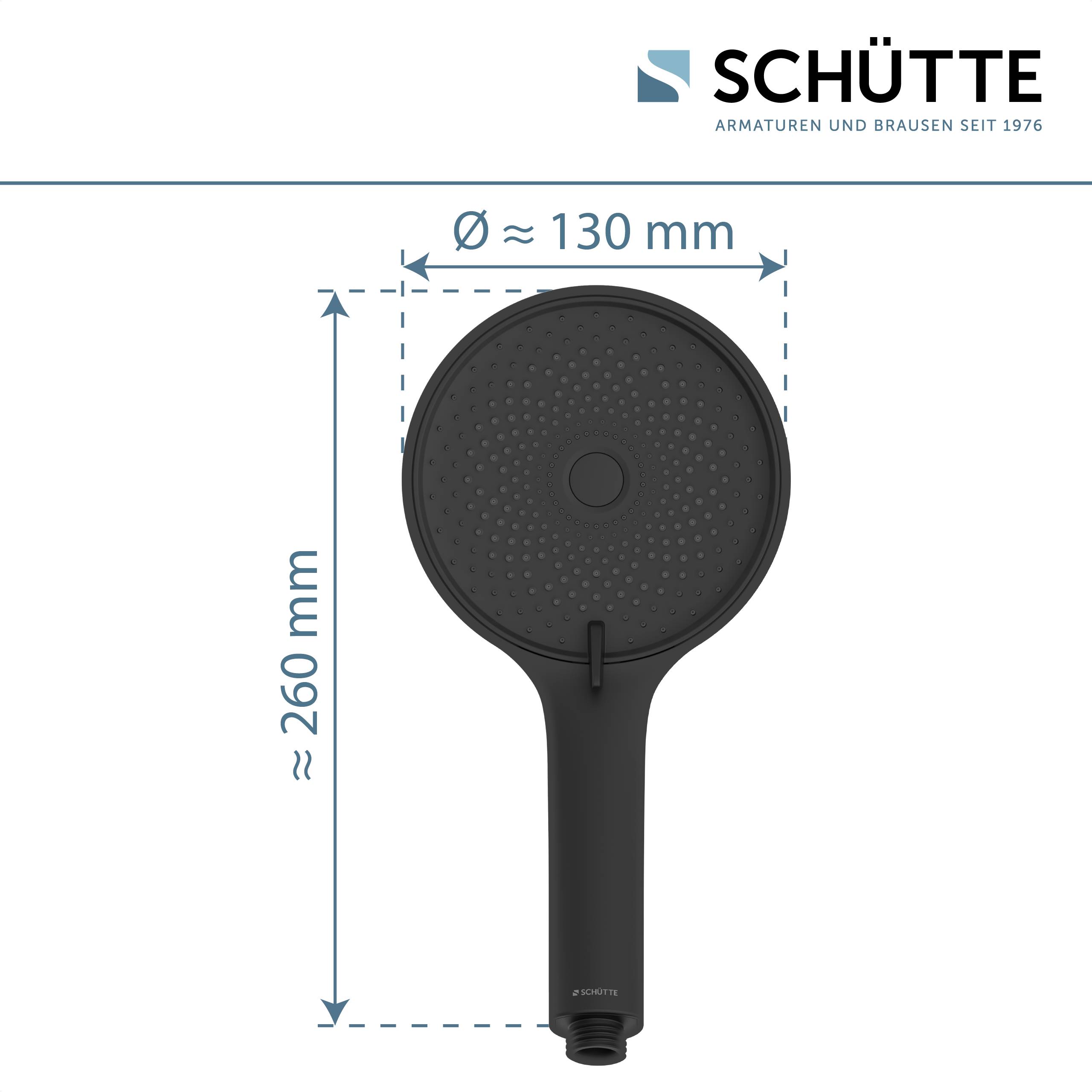 Schwarzer SCHÜTTE-Duschkopf mit folgenden Abmessungen: Durchmesser ≈ 130 mm, Länge ≈ 260 mm.