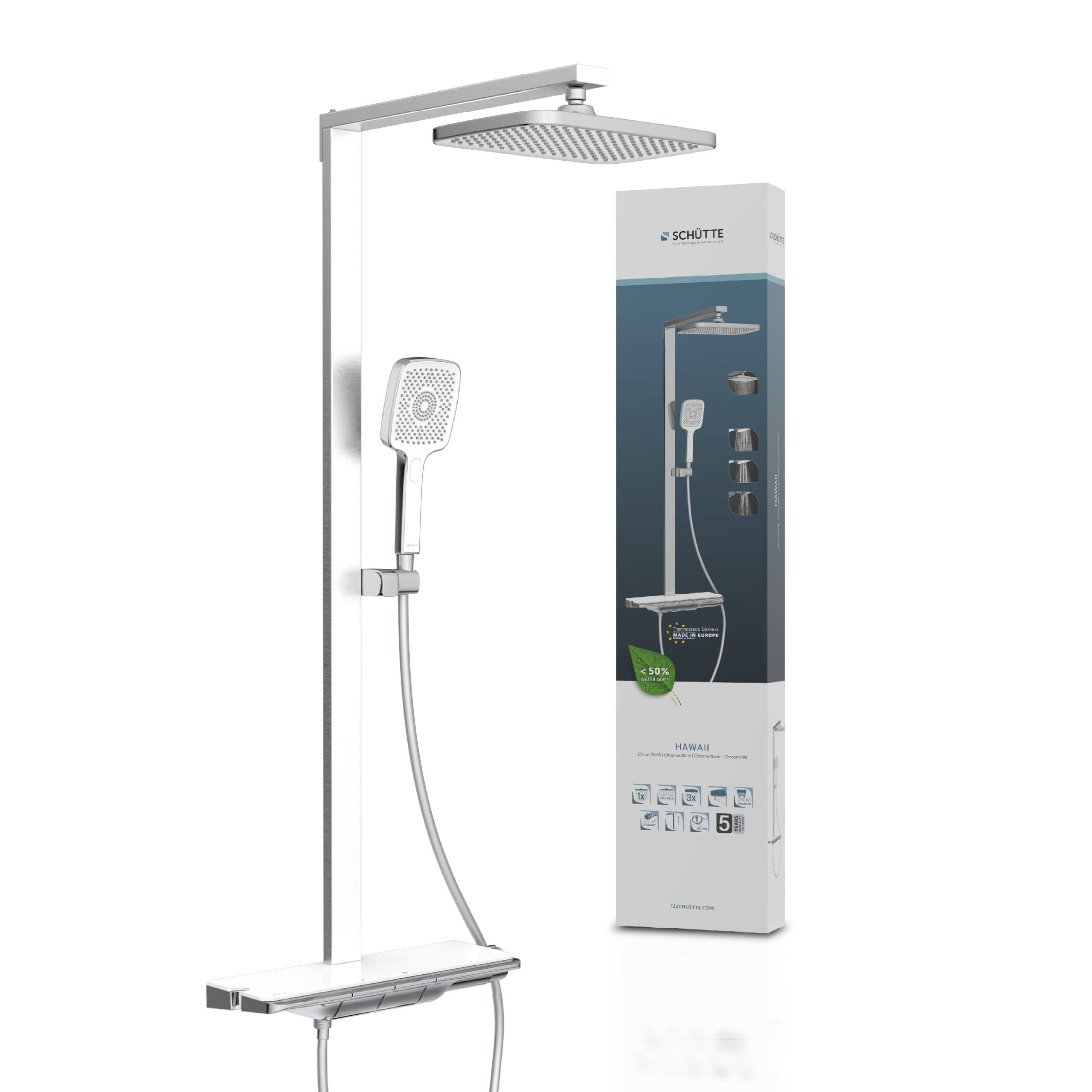 Modernes Duschasystem mit Kopfbrause und Handbrause, dargestellt neben seiner Verpackung, die die Installationsfunktionen hervorhebt.