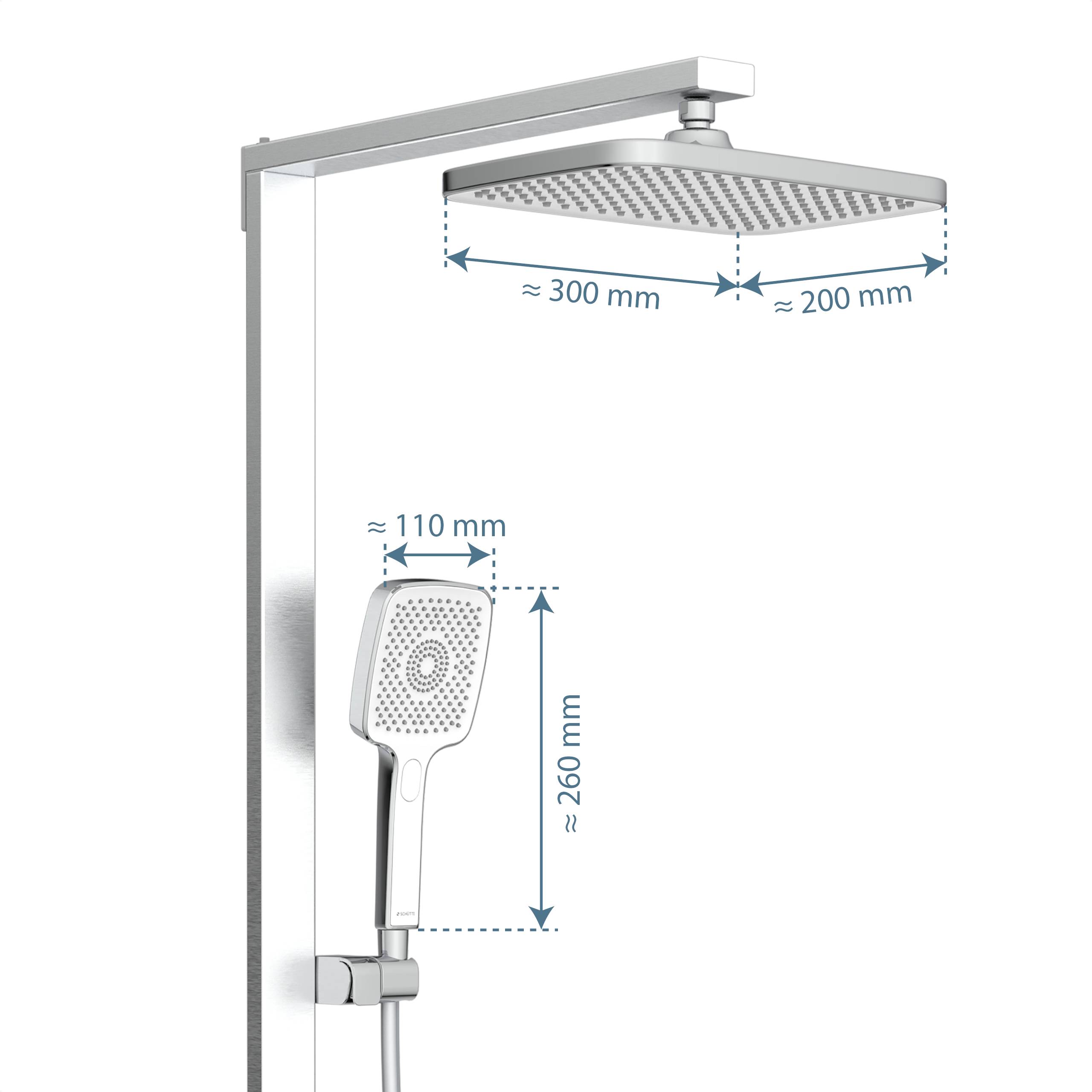 Diagramm eines Duschkopfes und einer Handbrause mit Abmessungen: Kopfbrause etwa 300 mm mal 200 mm; Handbrause etwa 260 mm hoch und 110 mm breit.