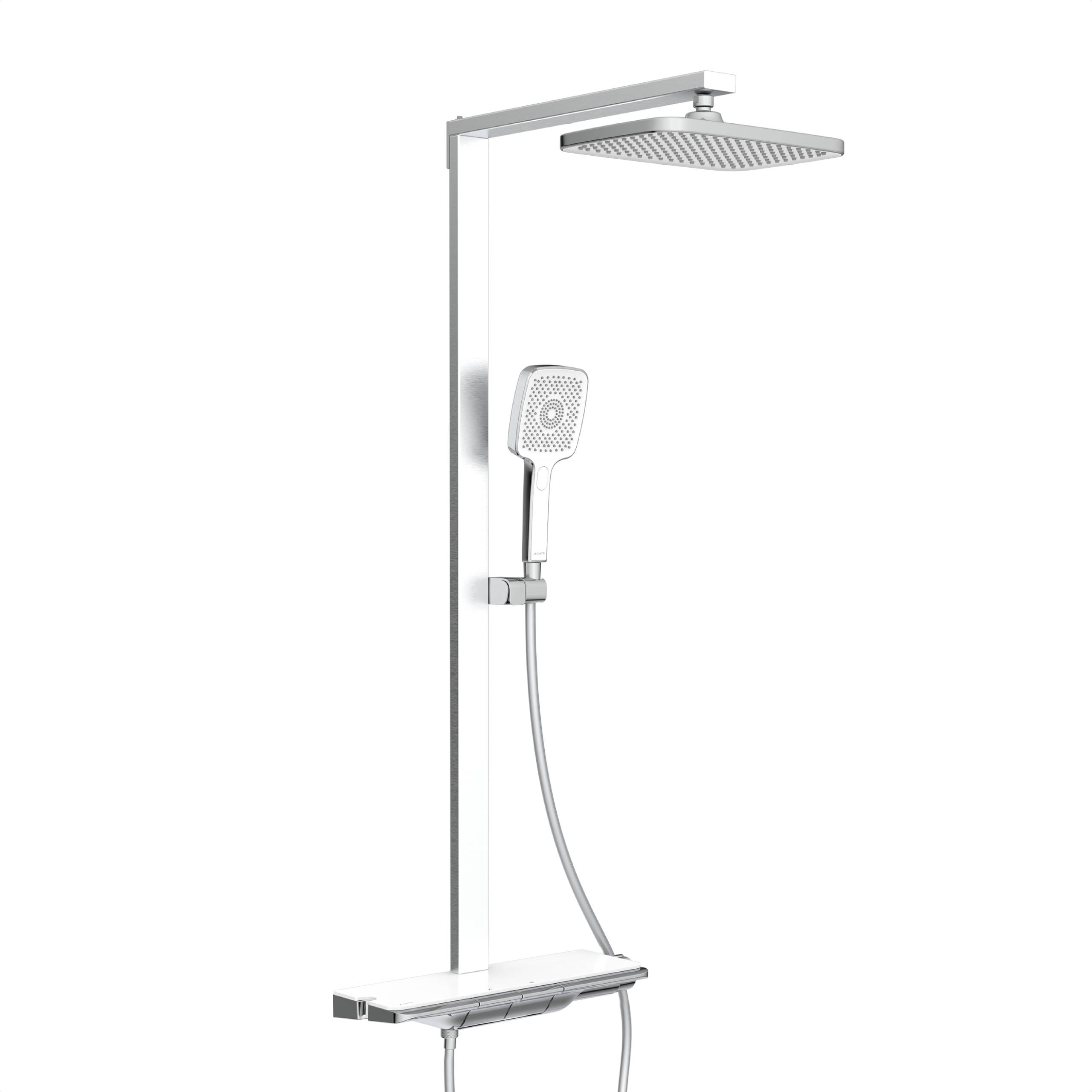 Ein modernes Duschen-System mit einem Decken-Regenduschkopf und einer tragbaren Handbrause, die an einer metallischen Vertikalstange befestigt ist und ein schlankes Design aufweist.