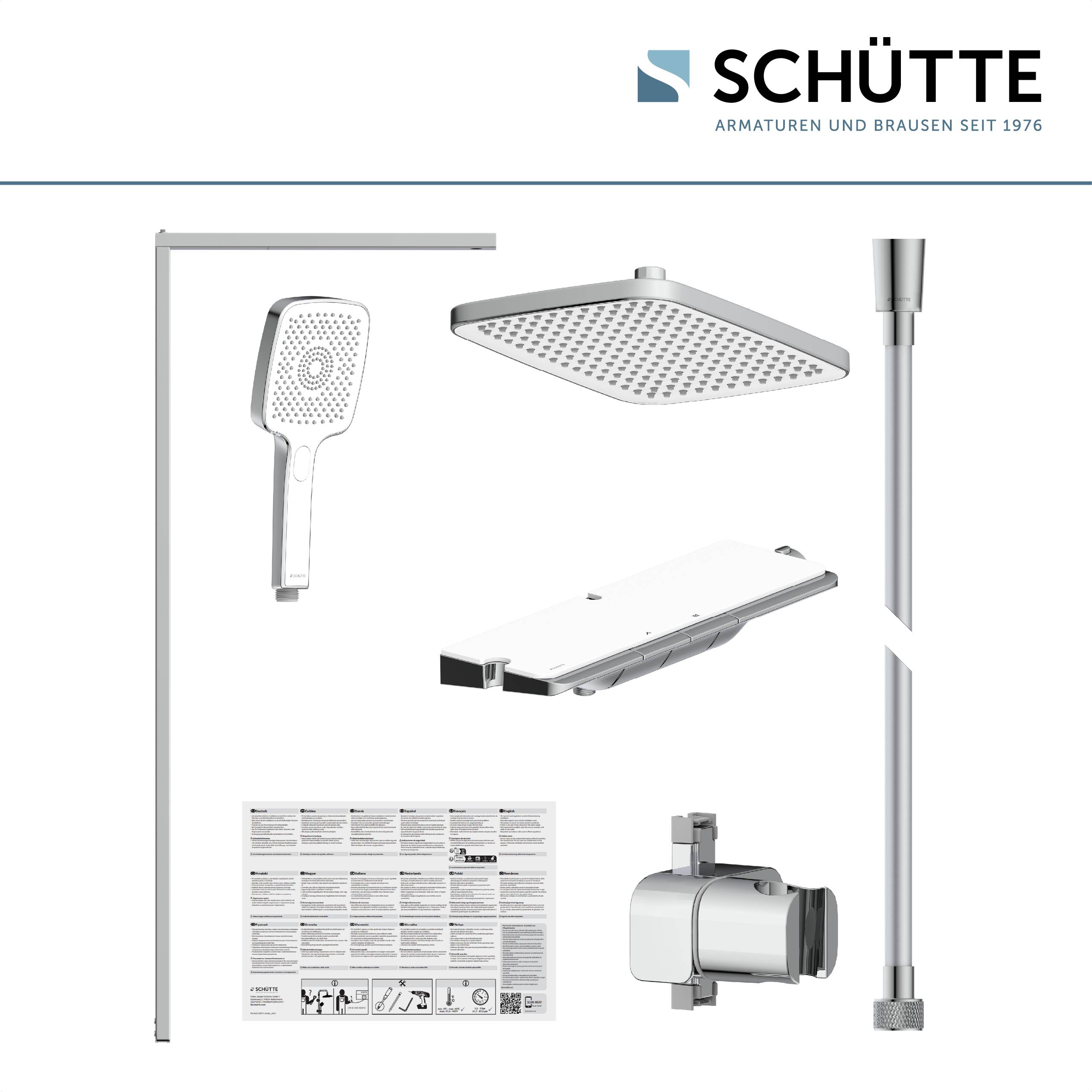 Duschset-Komponenten ausgelegt, einschließlich Duschkopf mit quadratischer Form, tragbarer Sprayer, Steuerventil und Installationsanleitung. Das Logo lautet „SCHÜTTE