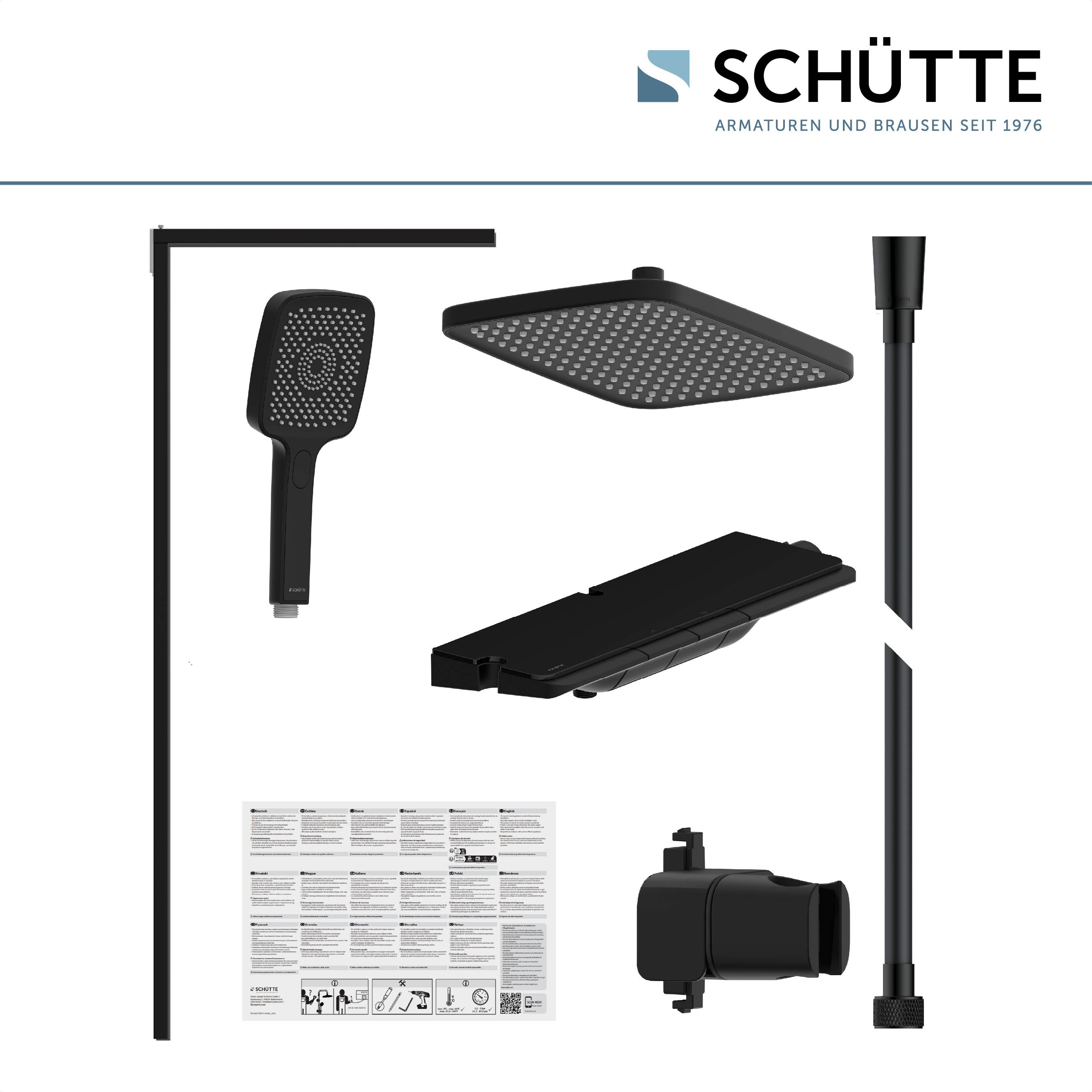 Duschset-Komponenten, einschließlich eines tragbaren Sprühkopfs, eines Regenduschkopfs und Installationsteilen, angeordnet mit einer Bedienungsanleitung.