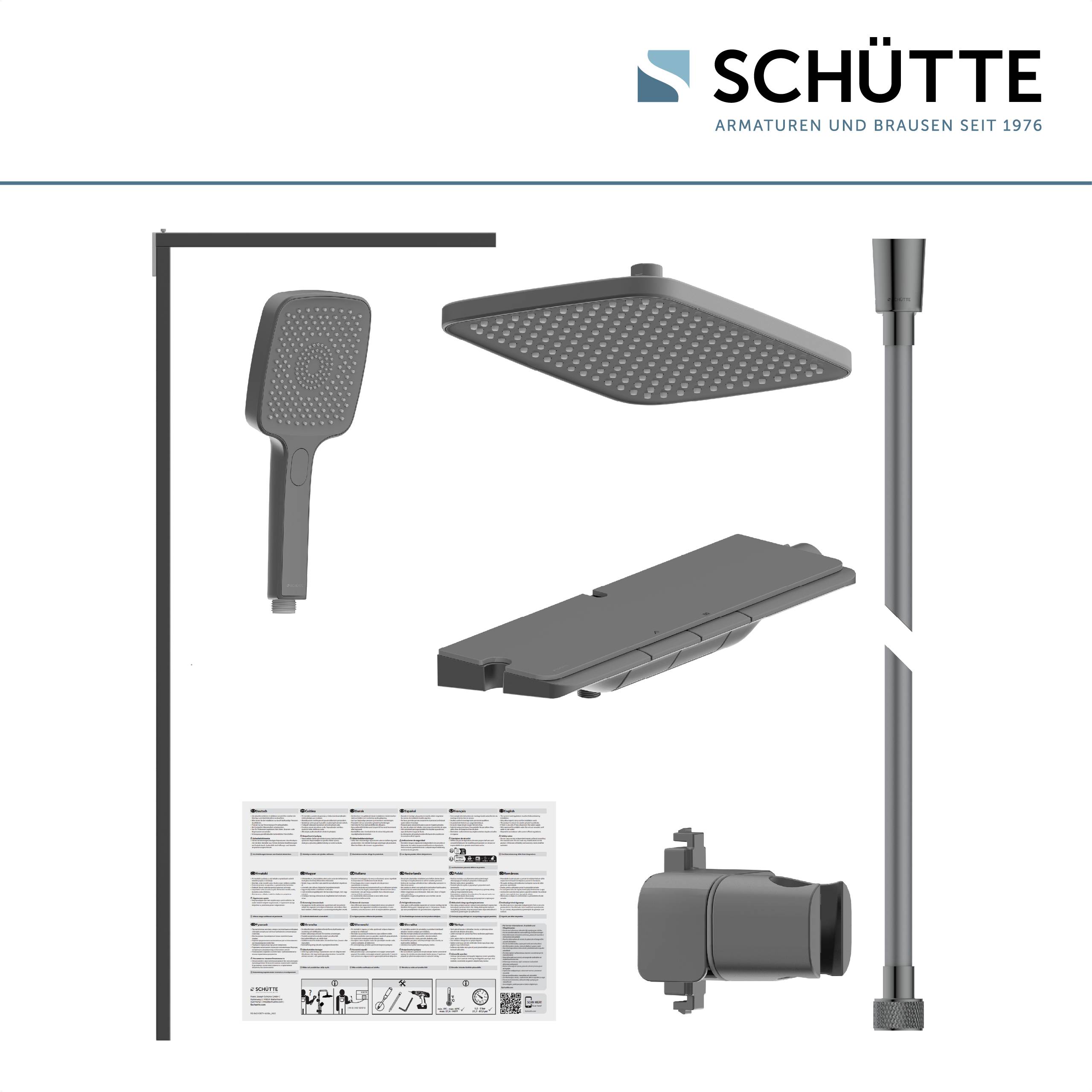 Schütte Duschset-Komponenten dargestellt: Handbrause, Kopfbrause, Schiene, Schlauch, Mischbatterie und Bedienungsanleitung.