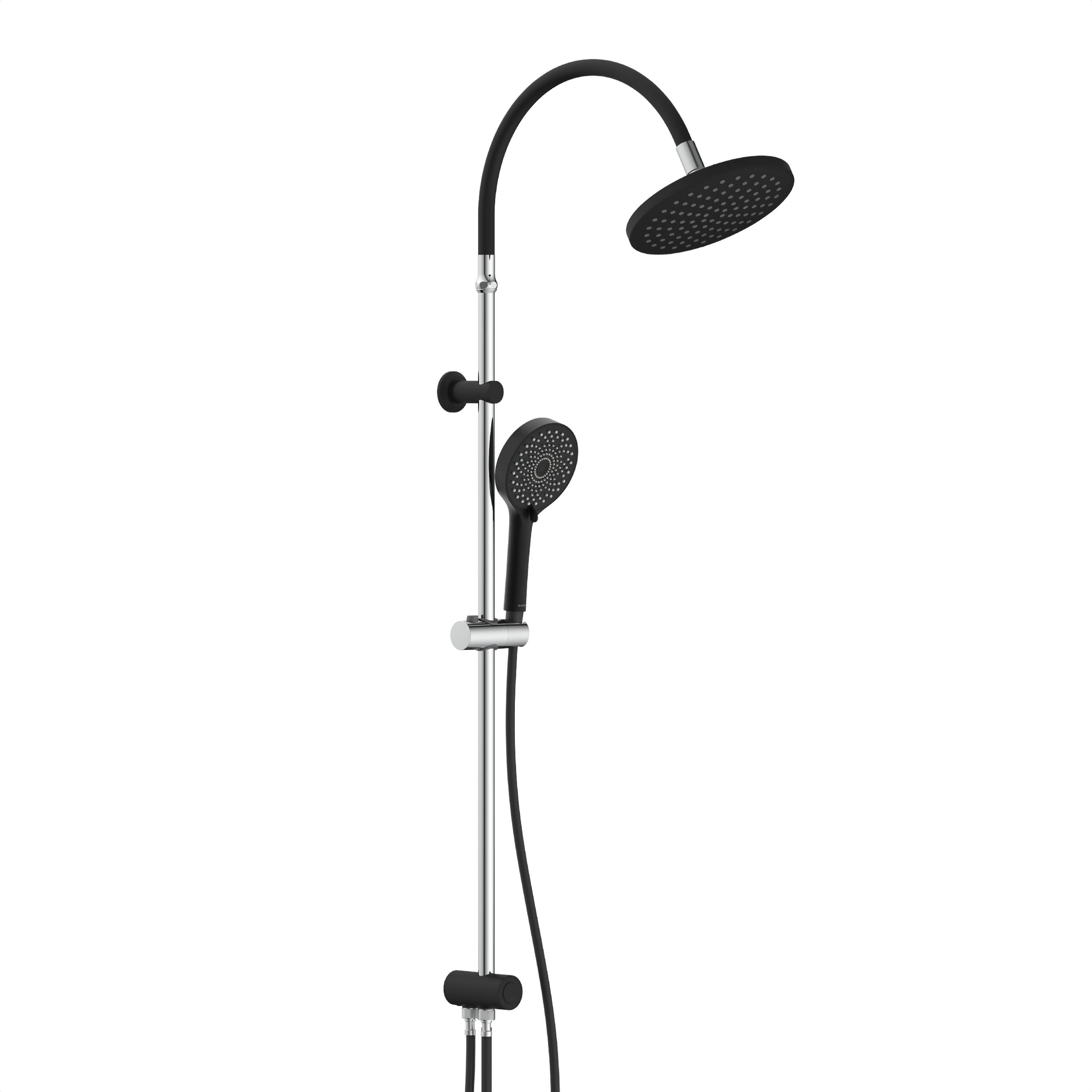 Schwarzes Duscheystem mit verstellbarer Handbrause und Kopfbrause mit Regeneffekt, montiert auf einer schlanken vertikalen Stange.