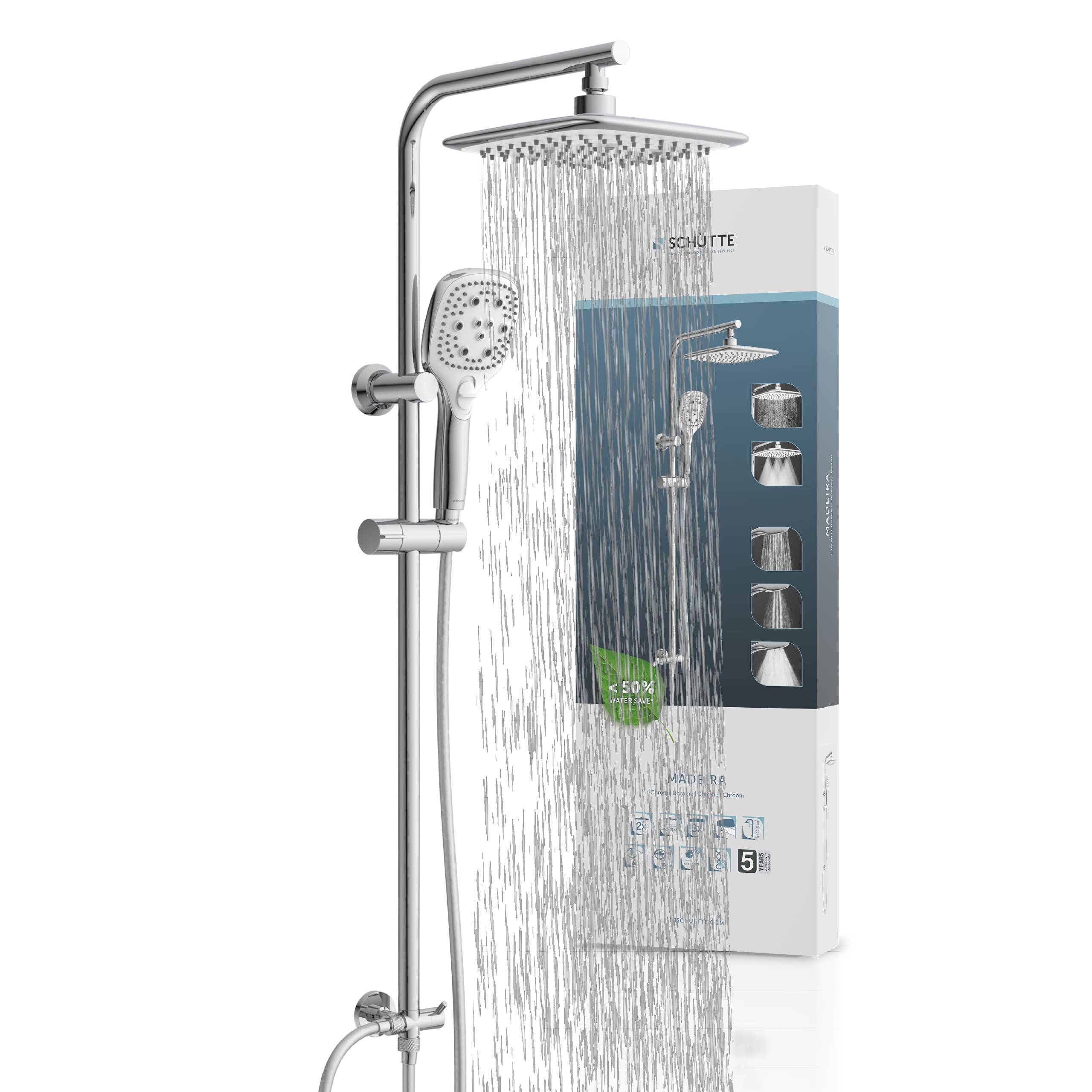 Duschset mit großem Kopfbrausekopf und verstellbarem Handbrausekopf. Die Verpackung im Hintergrund zeigt die Produktmerkmale.