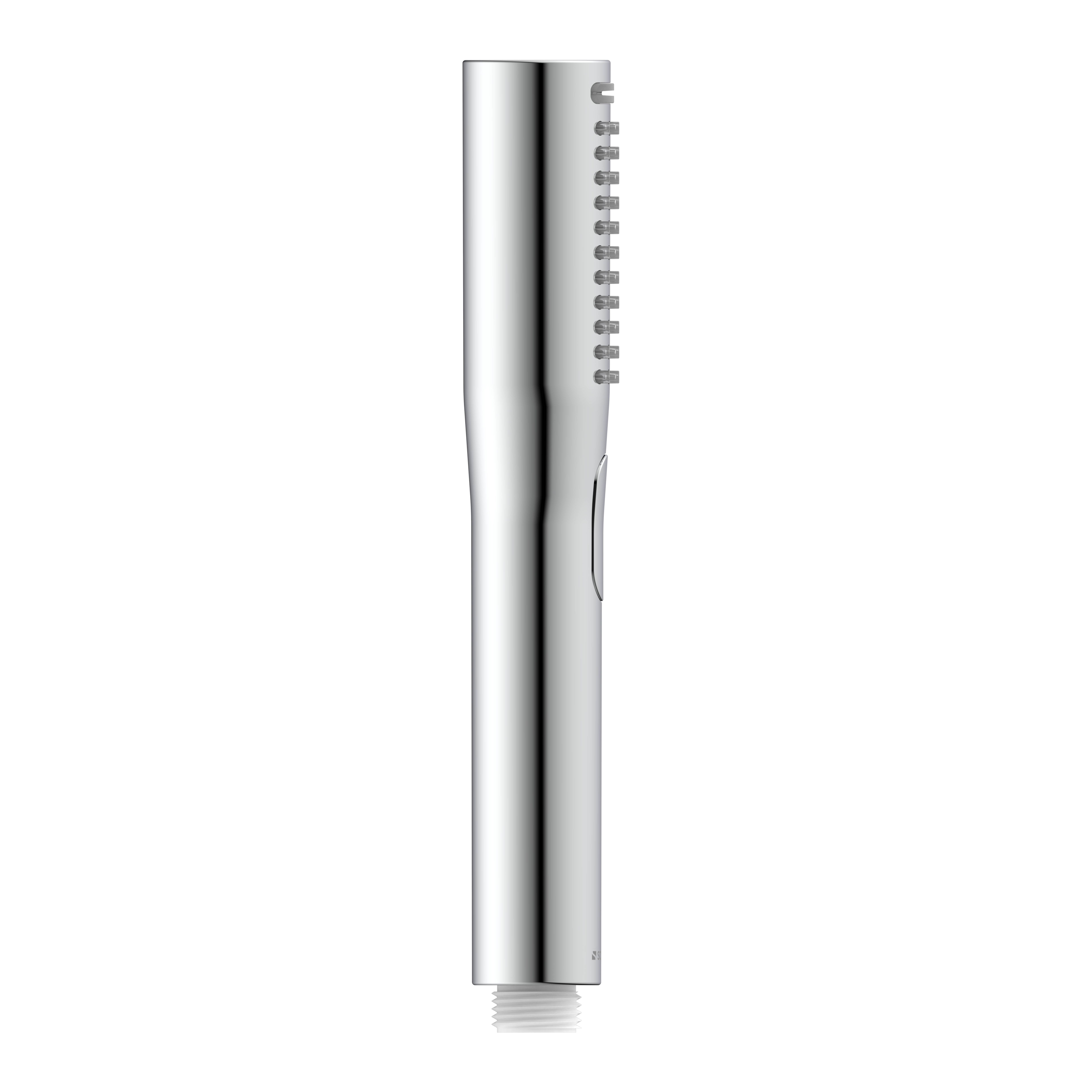 Silberstift oder Stylus in vertikaler zylindrischer Form auf schwarzem Hintergrund, in Seitenansicht dargestellt mit seitlichem Clip und Gewindelbase.