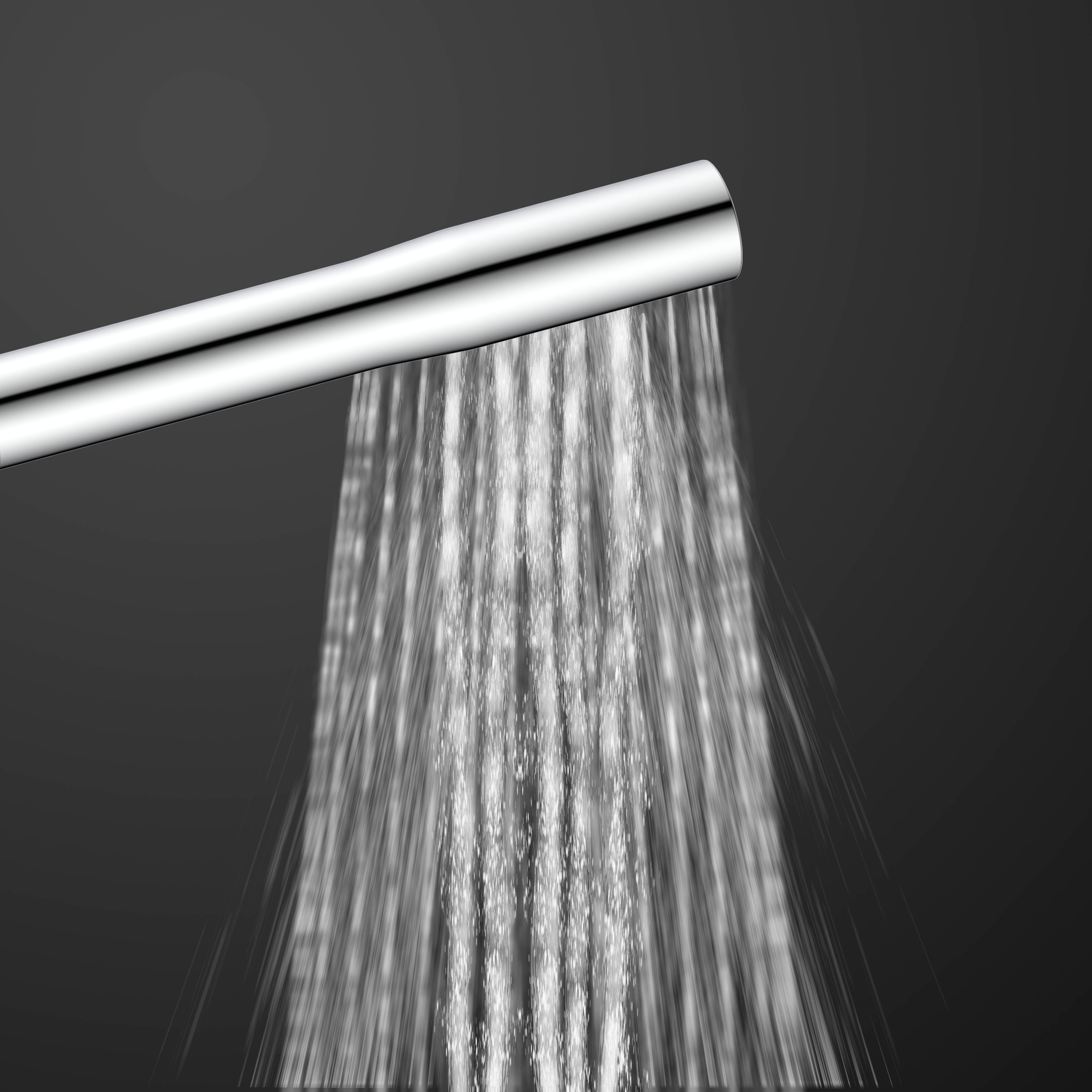 Ein silberner Duschkopf, der einen stetigen Wasserstrom gegen einen dunklen Hintergrund sprüht.