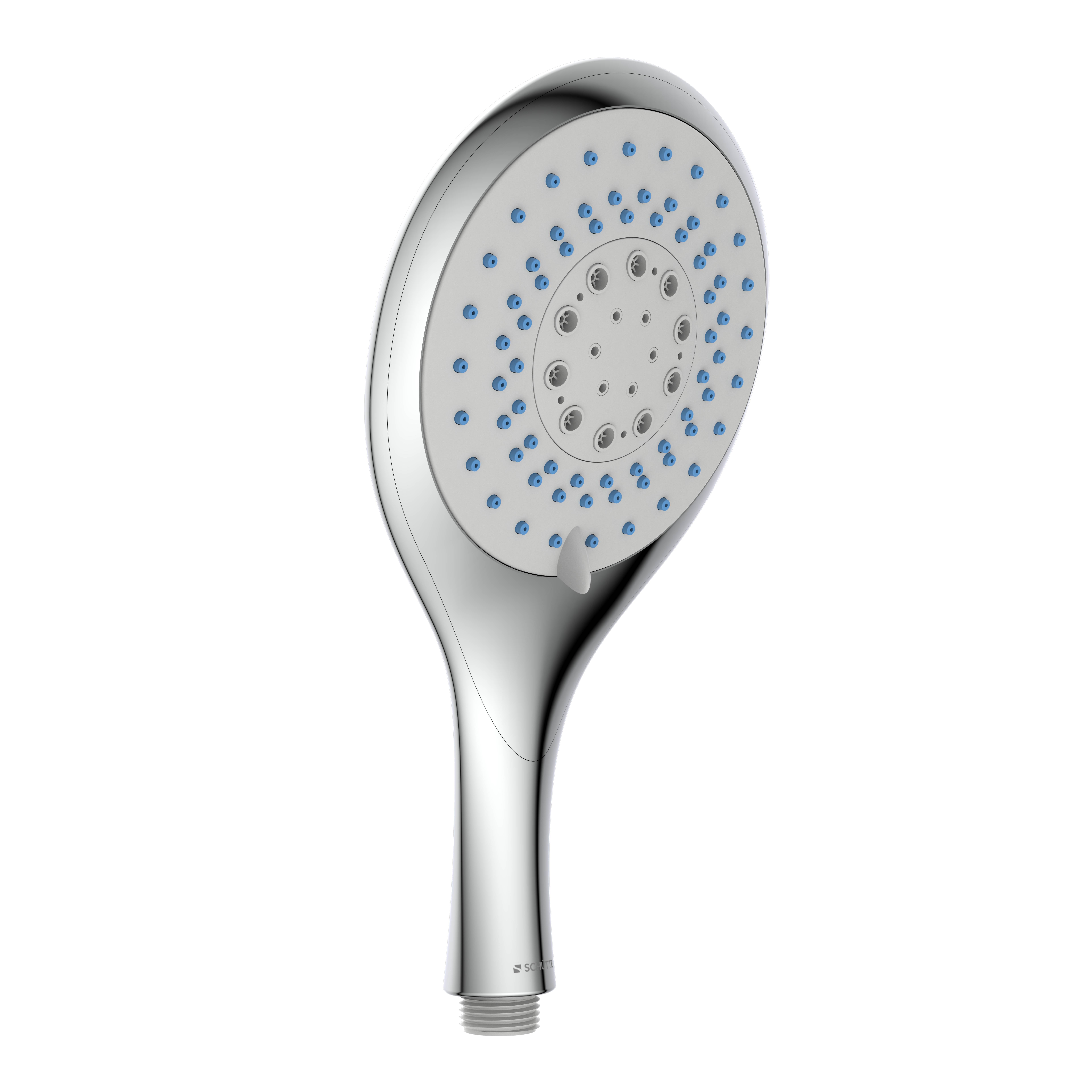 Ein moderner, silberner tragbarer Duschkopf mit mehreren blauen Düsen, vor schwarzem Hintergrund.