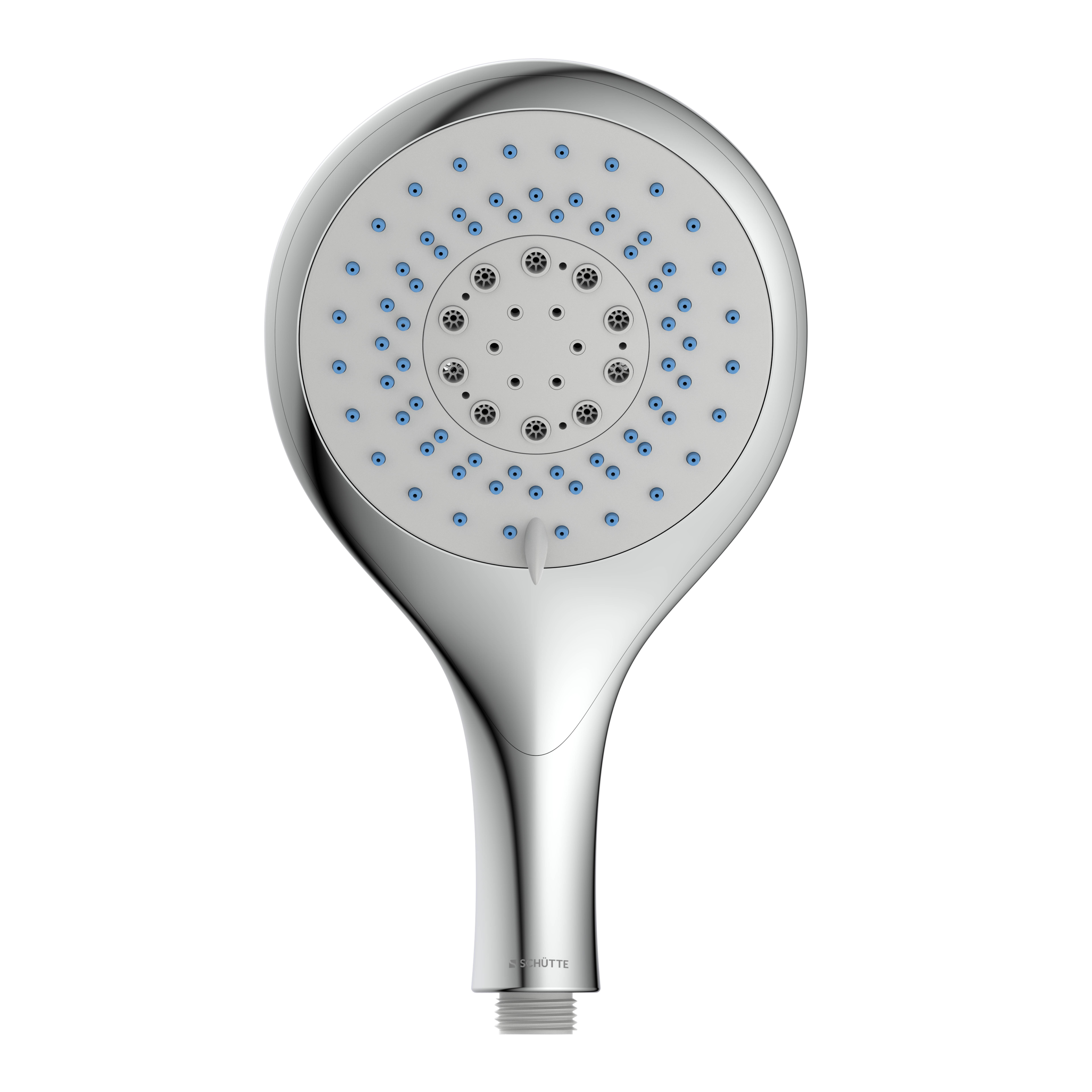 Ein silberner tragbarer Duschkopf mit mehreren blauen Düsen ist vor einem schwarzen Hintergrund zentriert positioniert.