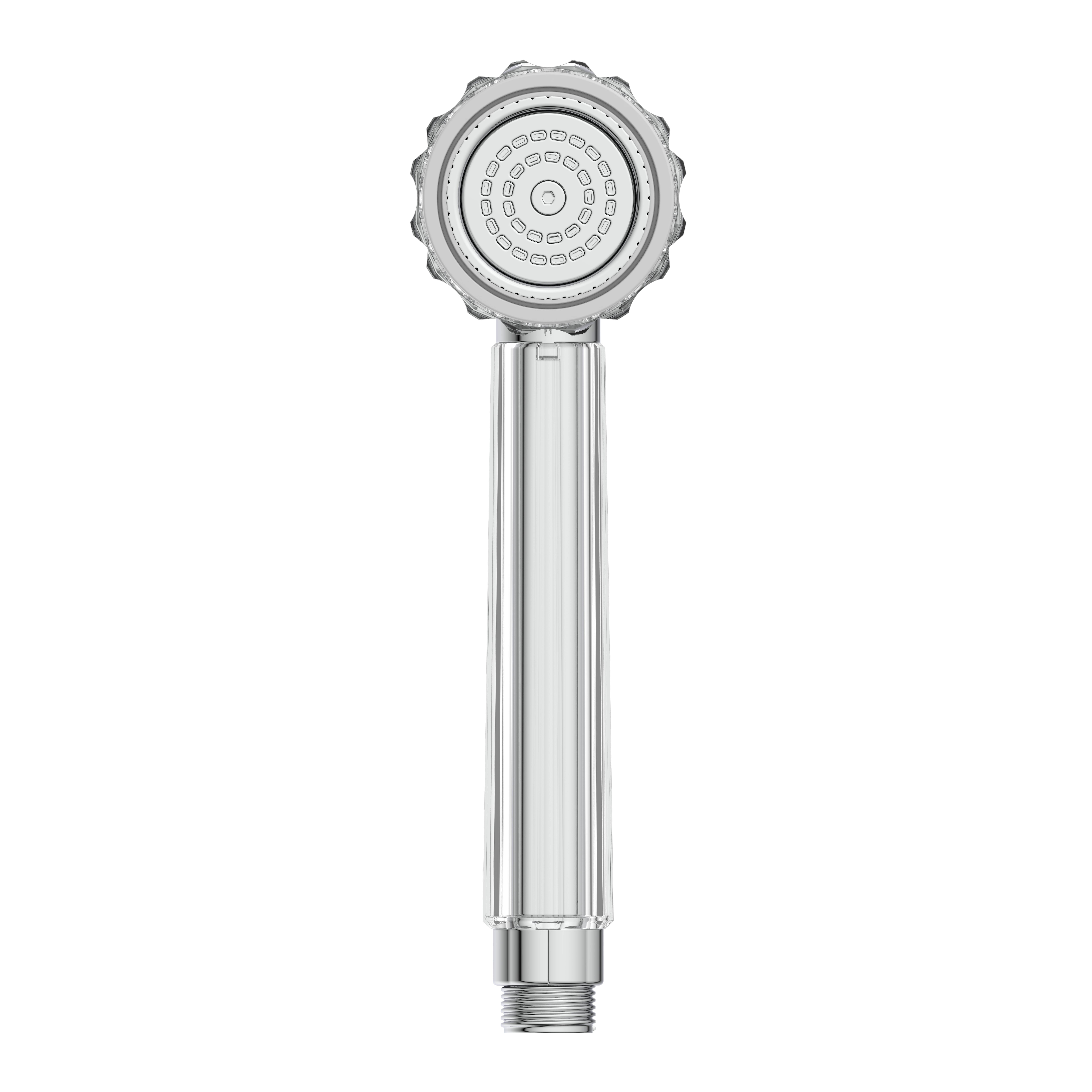 Ein verchromter tragbarer Duschkopf mit rundem Gesicht und mehreren Spritzdüsen, vor schwarzem Hintergrund.