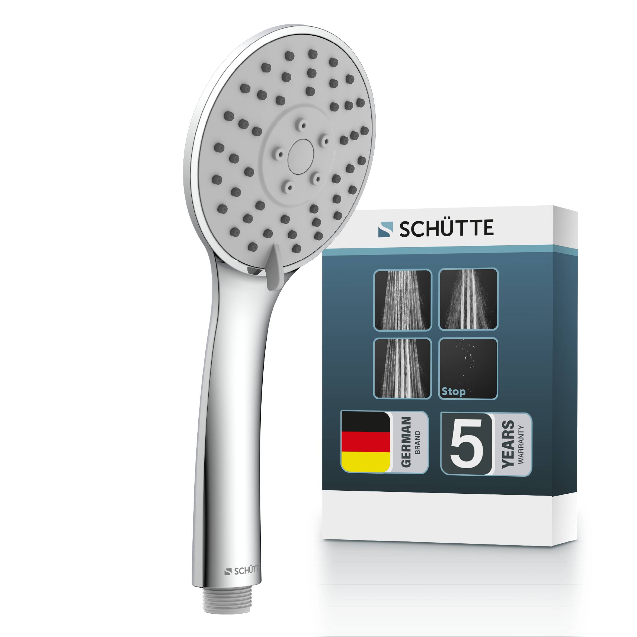 Duschwellenkopf-Produktfoto neben der SCHÜTTE-Verpackung, zeigt deutsches Design und Etikett mit 5-Jahres-Garantie.