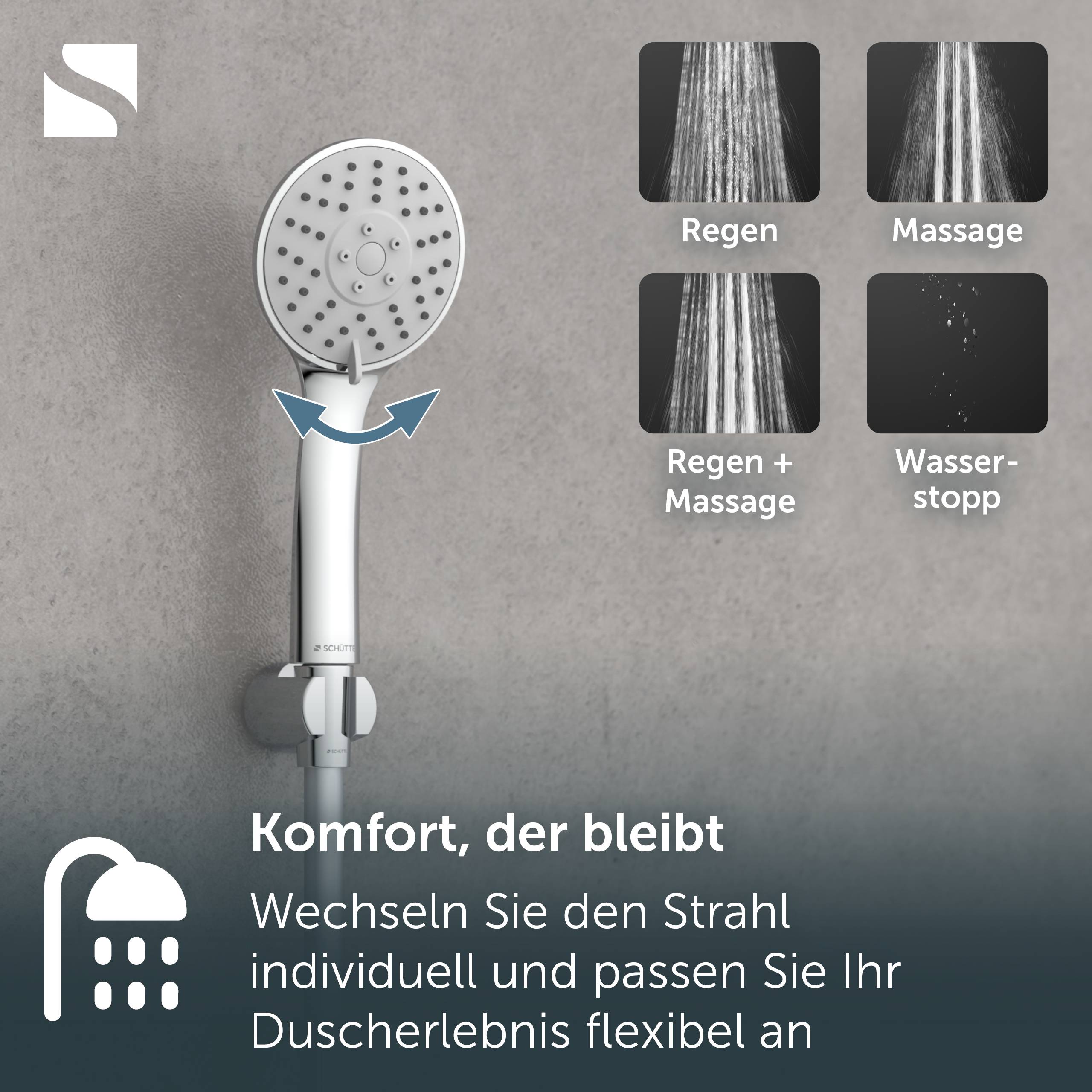 Anzeige für eine tragbare Brauseköpf mit verstellbaren Sprühmodi, die Regenerierend, Massage, Regenerierung + Massage und Wasserstopp-Optionen zeigt.
