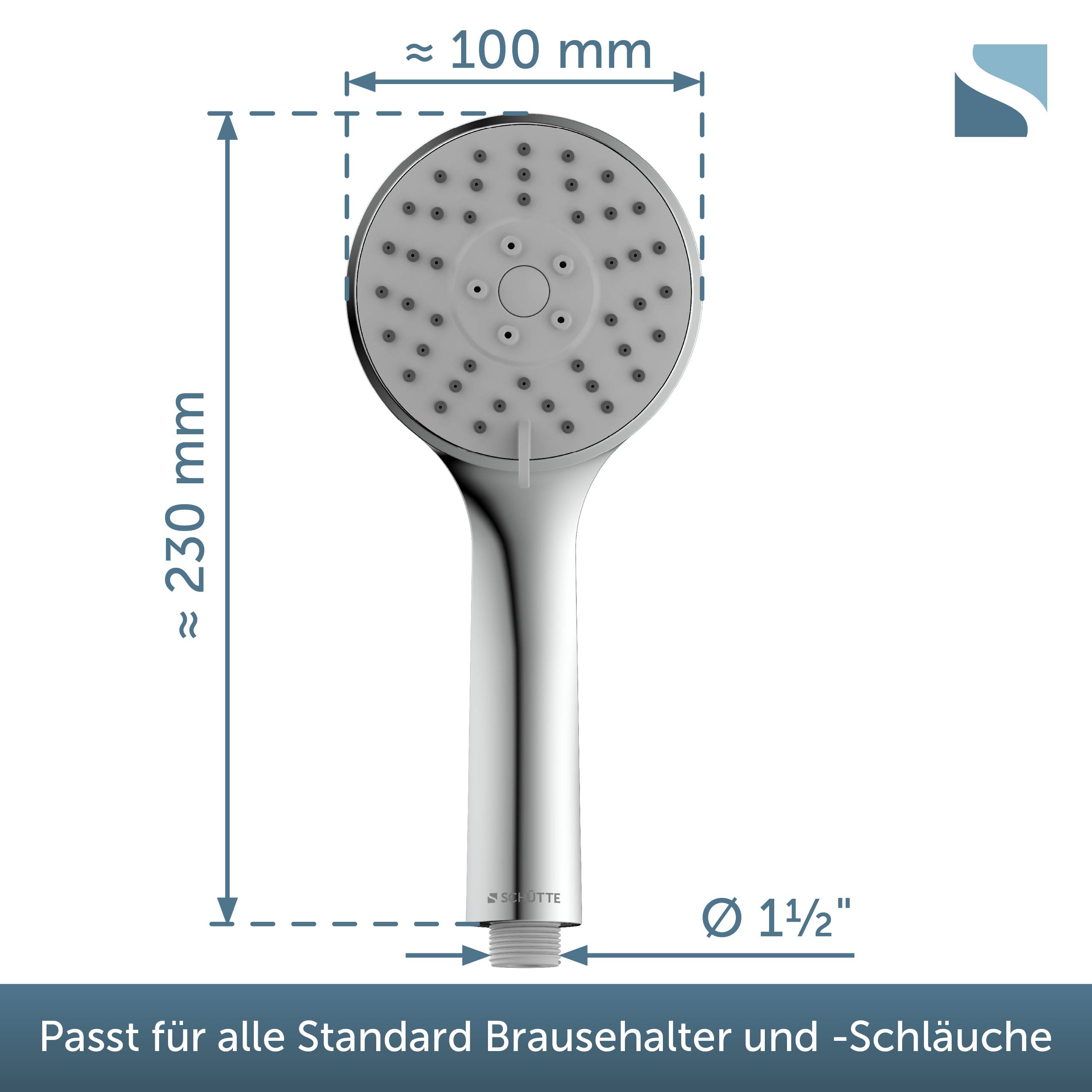 Chrom-Handdusche mit rundem Sprühkopf, abgebildet mit Maßen: ca. 230 mm hoch und 100 mm breit, passt auf Standard-Duschhalter und Schläuche.