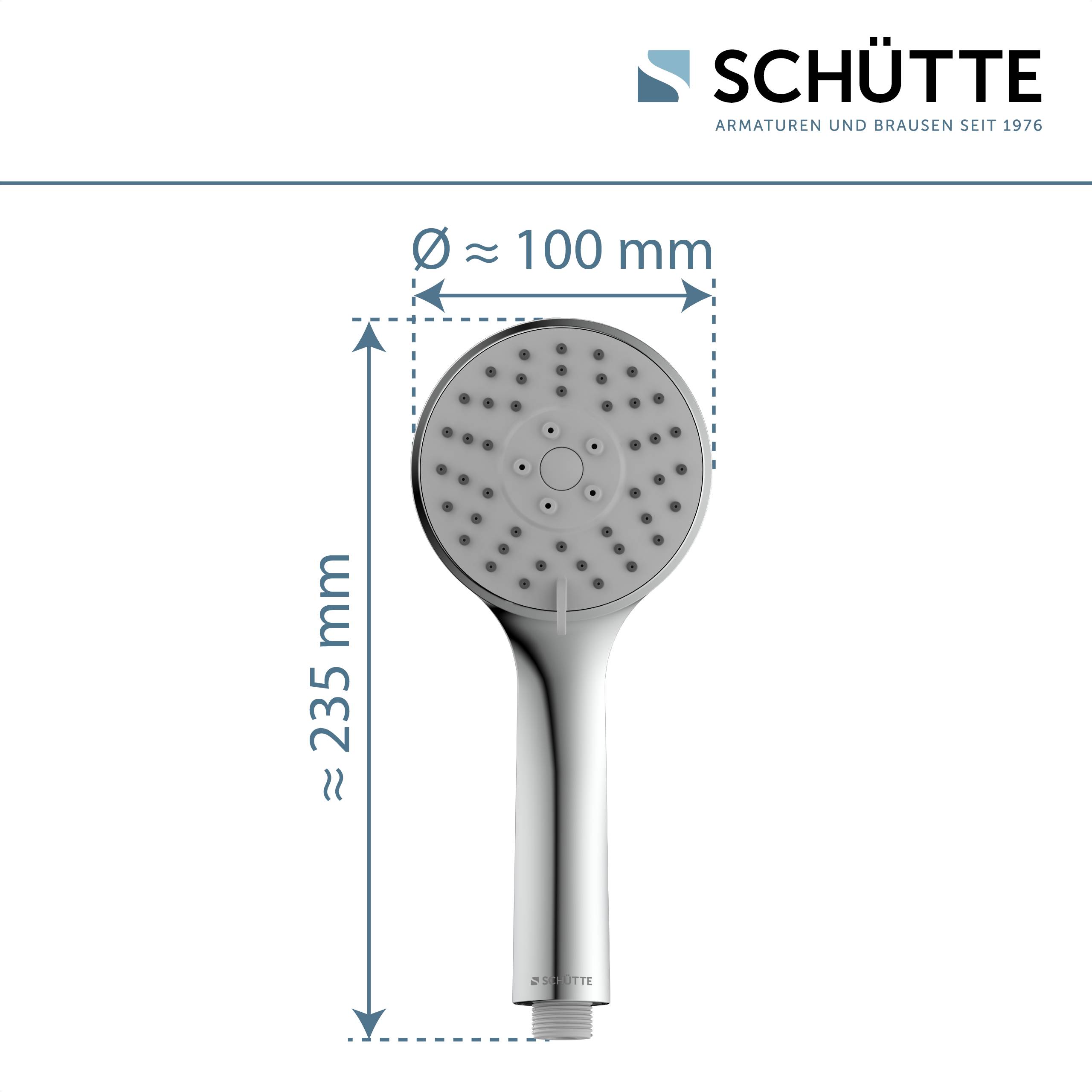 Handbrausekopf von Schütte, 235 mm lang und 100 mm breit, mit mehreren Sprühdüsen.
