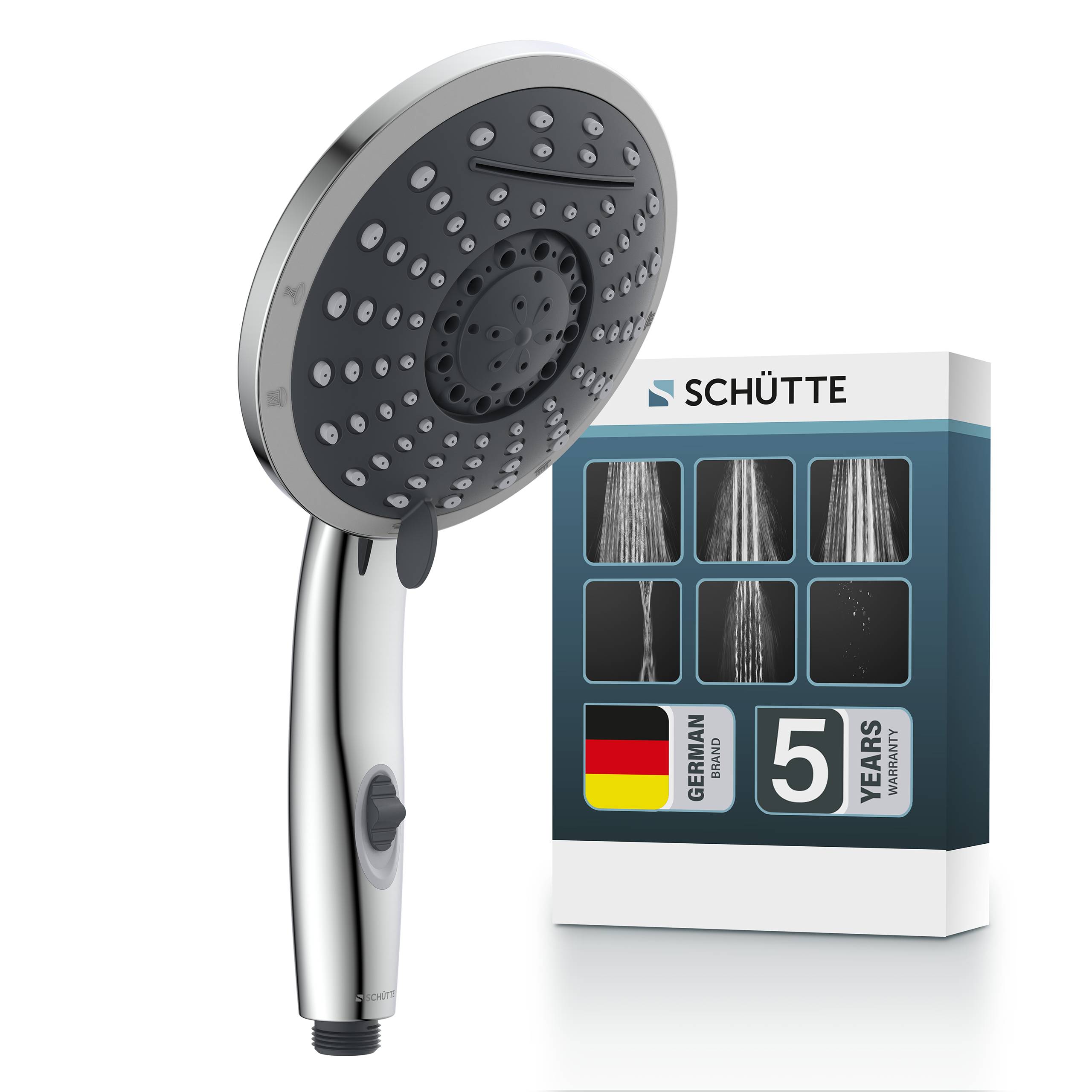 Duschkopf mit verstellbaren Sprüheinstellungen neben Schütte-Produktbox mit der Aufschrift „Deutsche Qualität