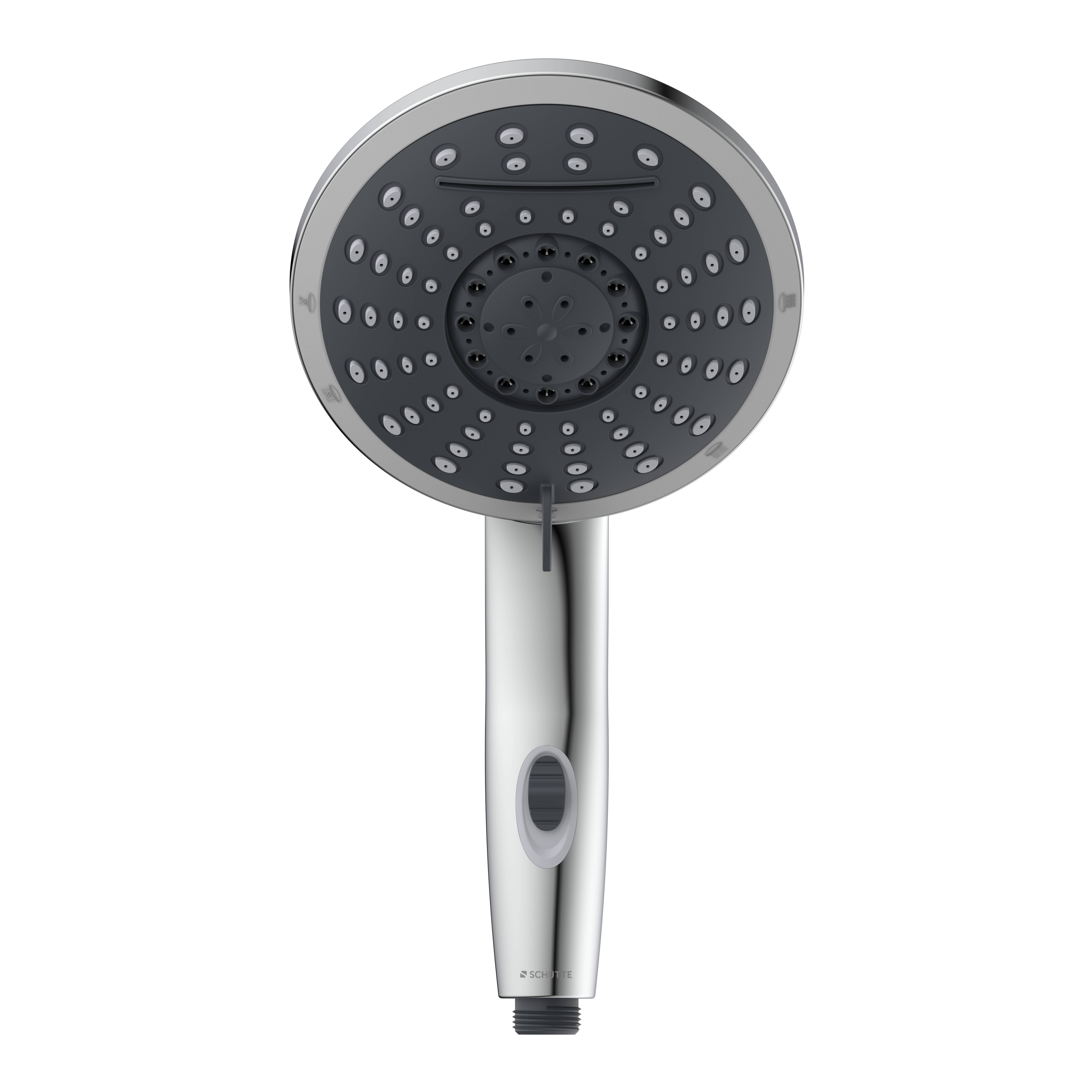 Ein tragbarer Duschkopf mit mehreren Sprüheinstellungen und verchromter Oberfläche ist vor einem einfachen schwarzen Hintergrund zentriert.