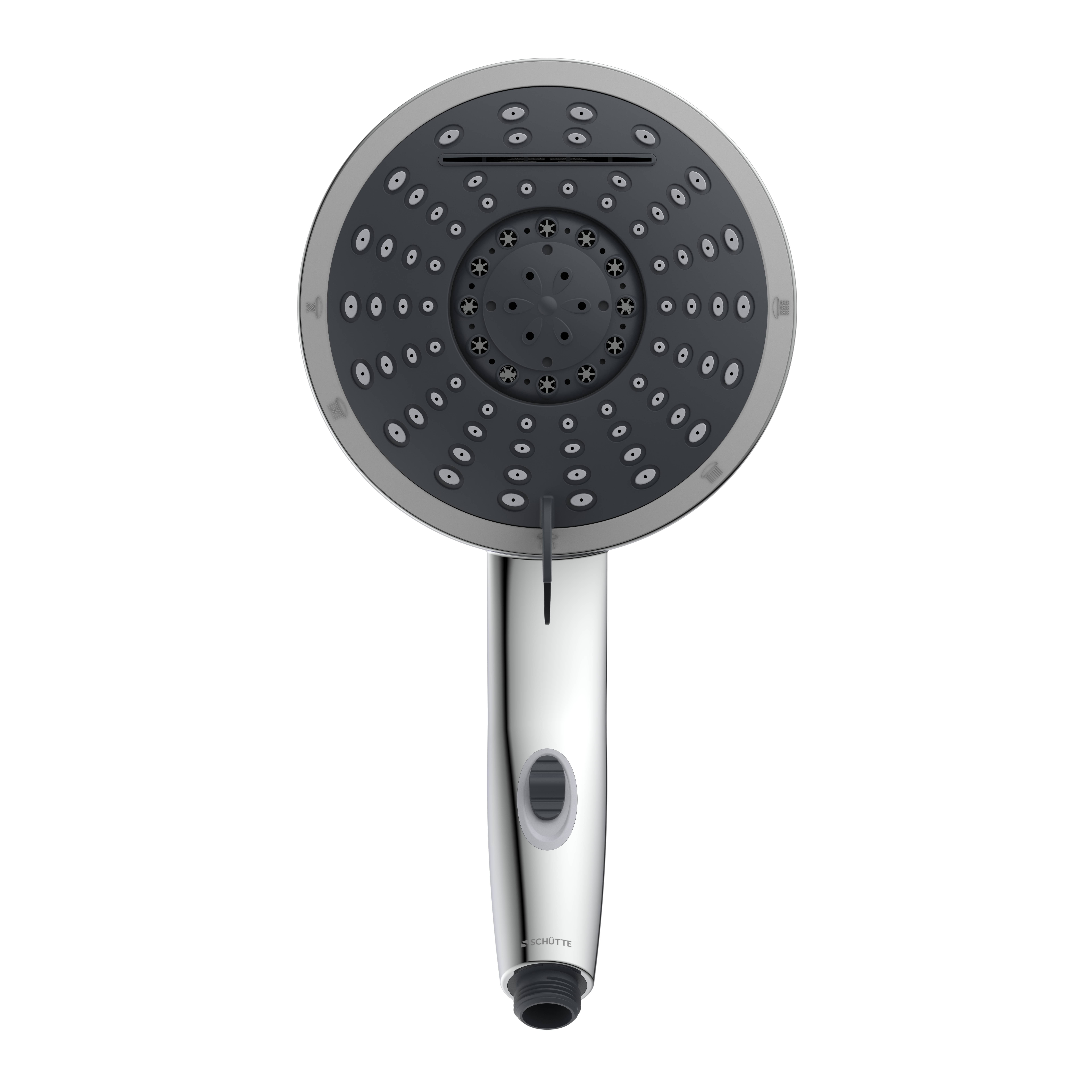 Duschkopf mit mehreren Strahleinstellungen, elegantes silbernes Design, rundes Gesicht mit zahlreichen Düsen.