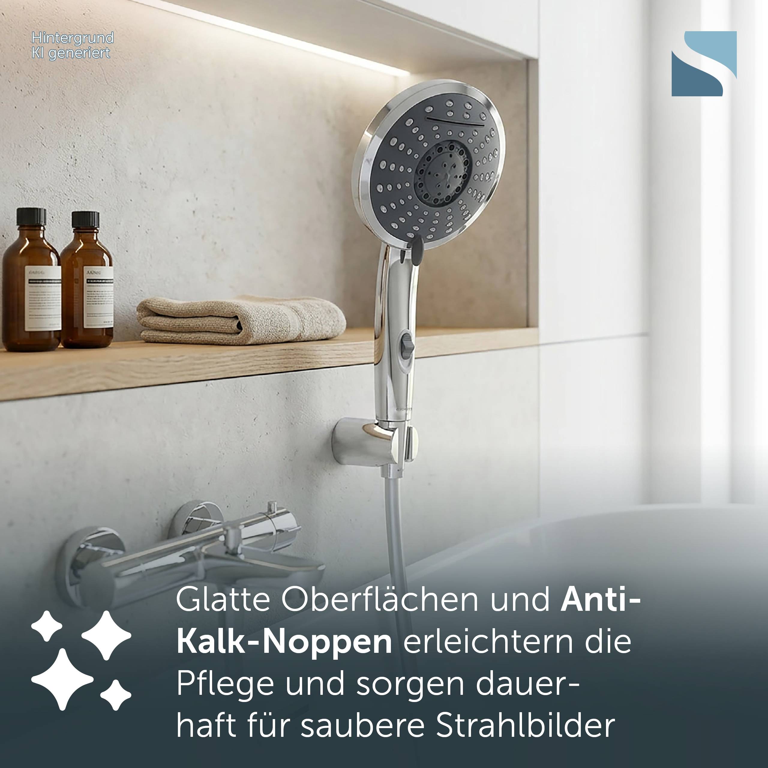 Modernes Badezimmer-Duschsystem mit Handbrause und Ablage; der deutsche Text besagt, dass glatte Oberflächen und Anti-Kalk-Noppen die Reinigung erleichtern und die Sprühdüsen sauber halten.