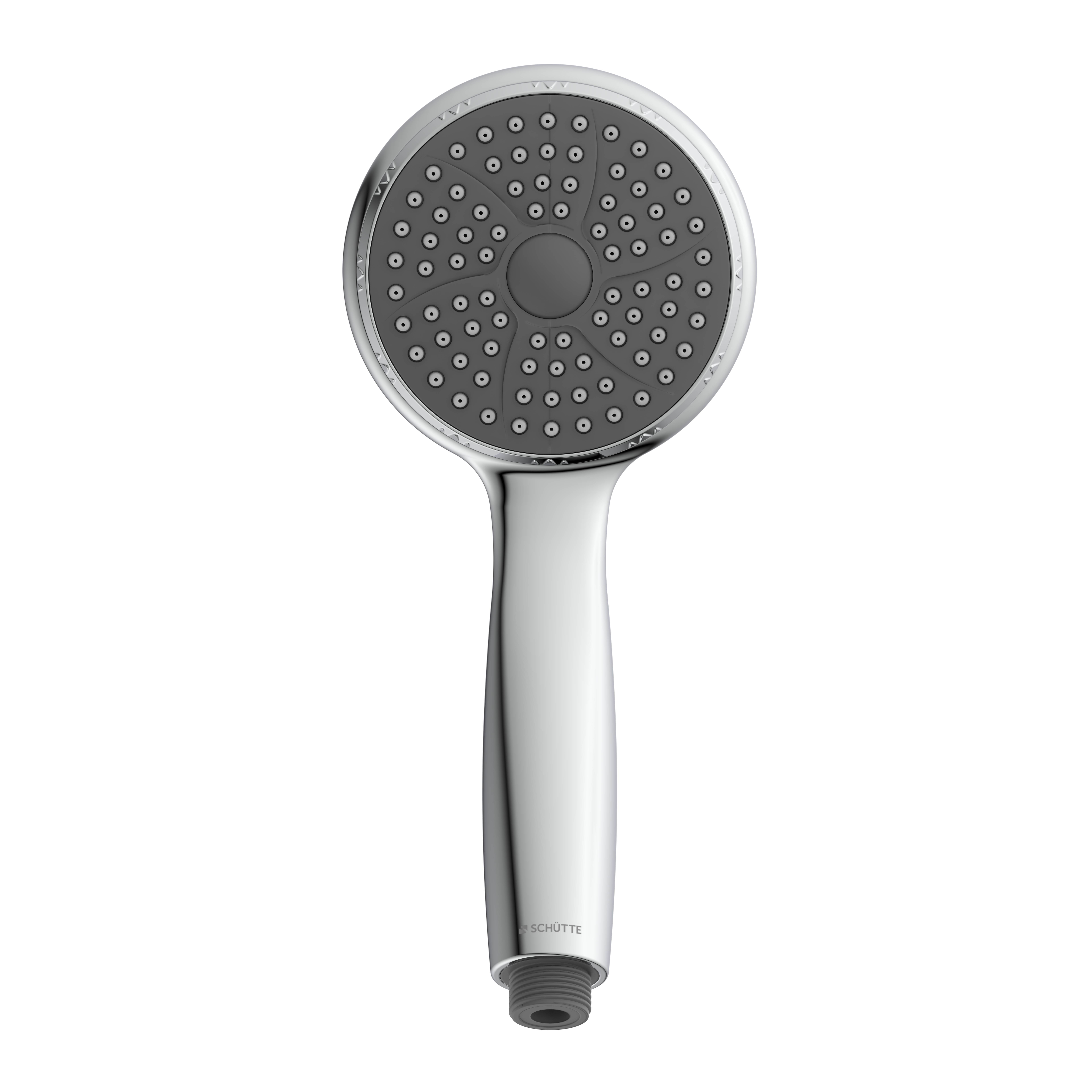 Chromegriffel mit rundem Sprühkopf und weißem Griff auf schwarzem Hintergrund.