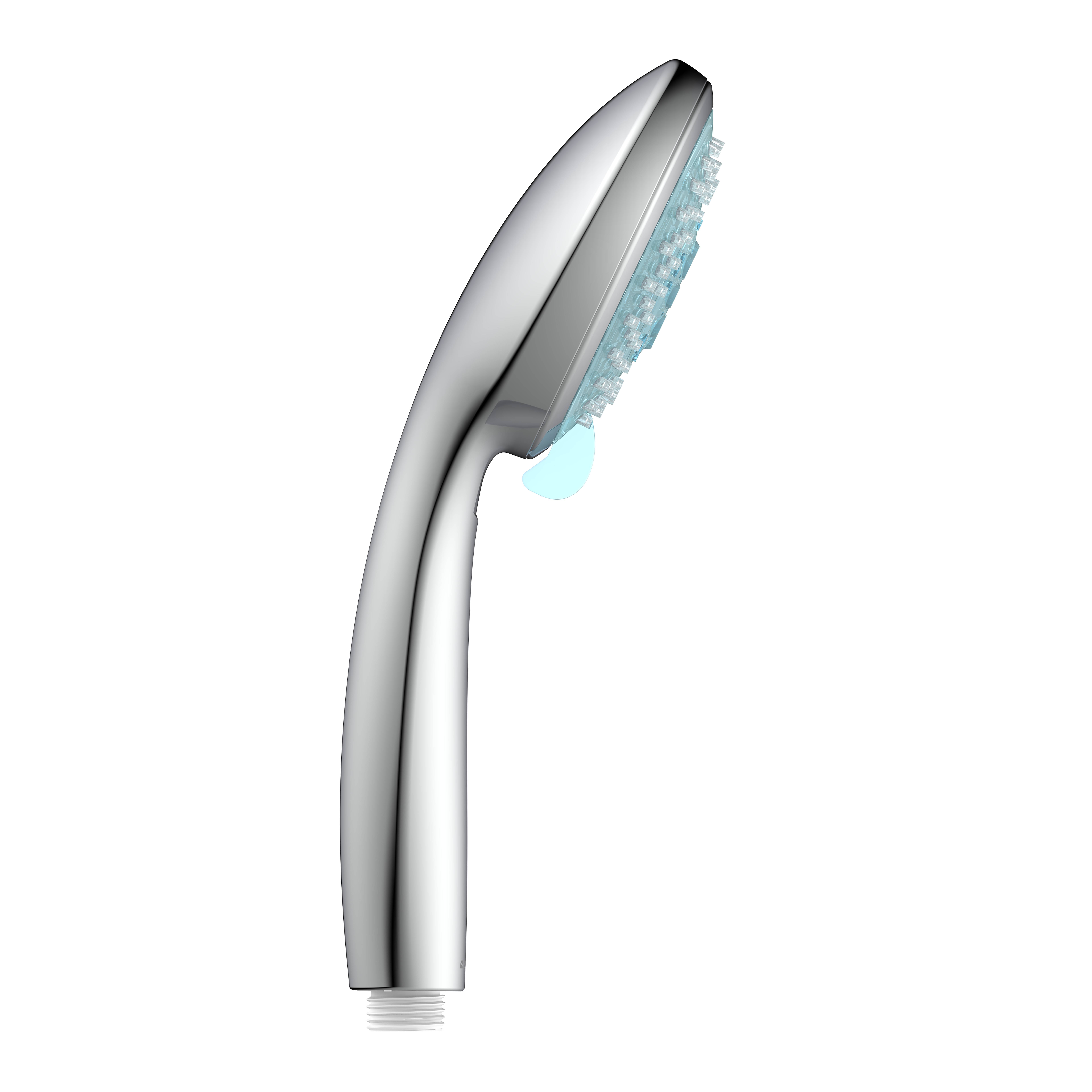 Silberner tragbarer Duschkopf mit Wasserdurchfluss.