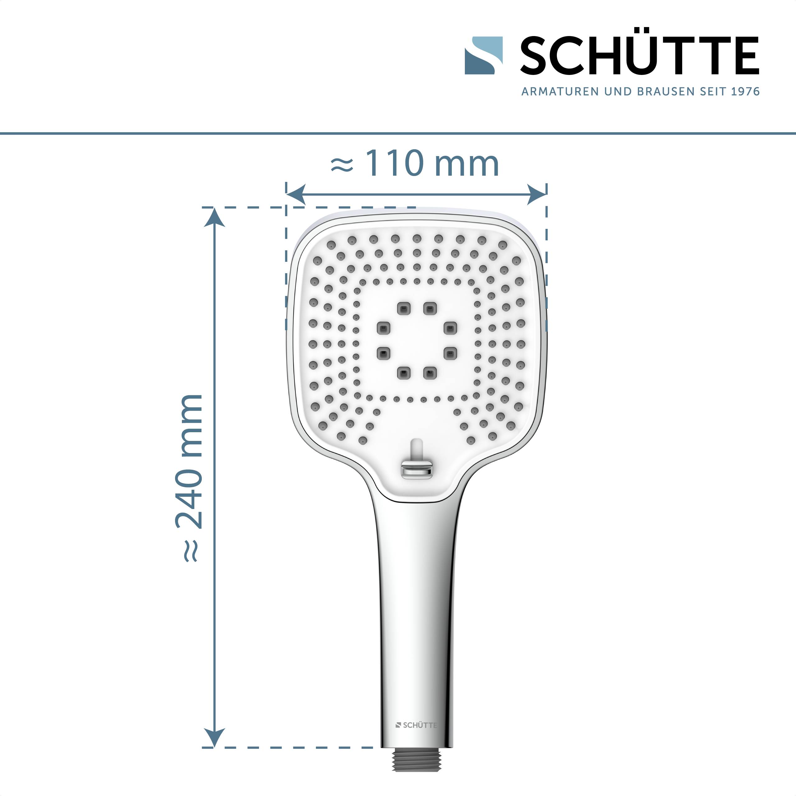 Duschkopf 'Schütte', Abmessungen: ungefähr 110 mm Breite x 240 mm Höhe. Quadratisches Düsenmuster, modernes Design.