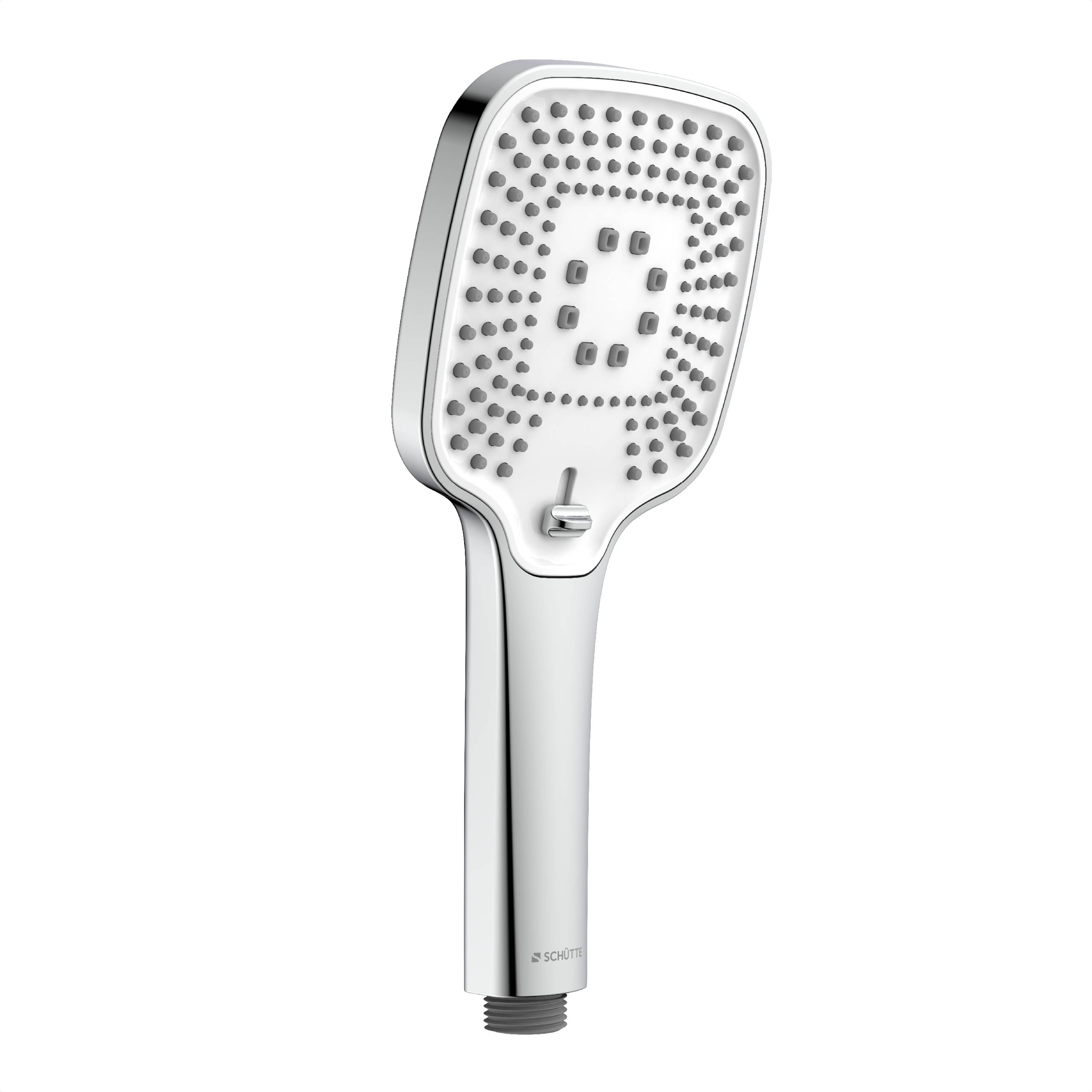 Ein chromfarbener und weißer tragbarer Duschkopf mit mehreren Wasserdüsen, entwickelt für einstellbaren Wasserdruck und tragbare Verwendung.