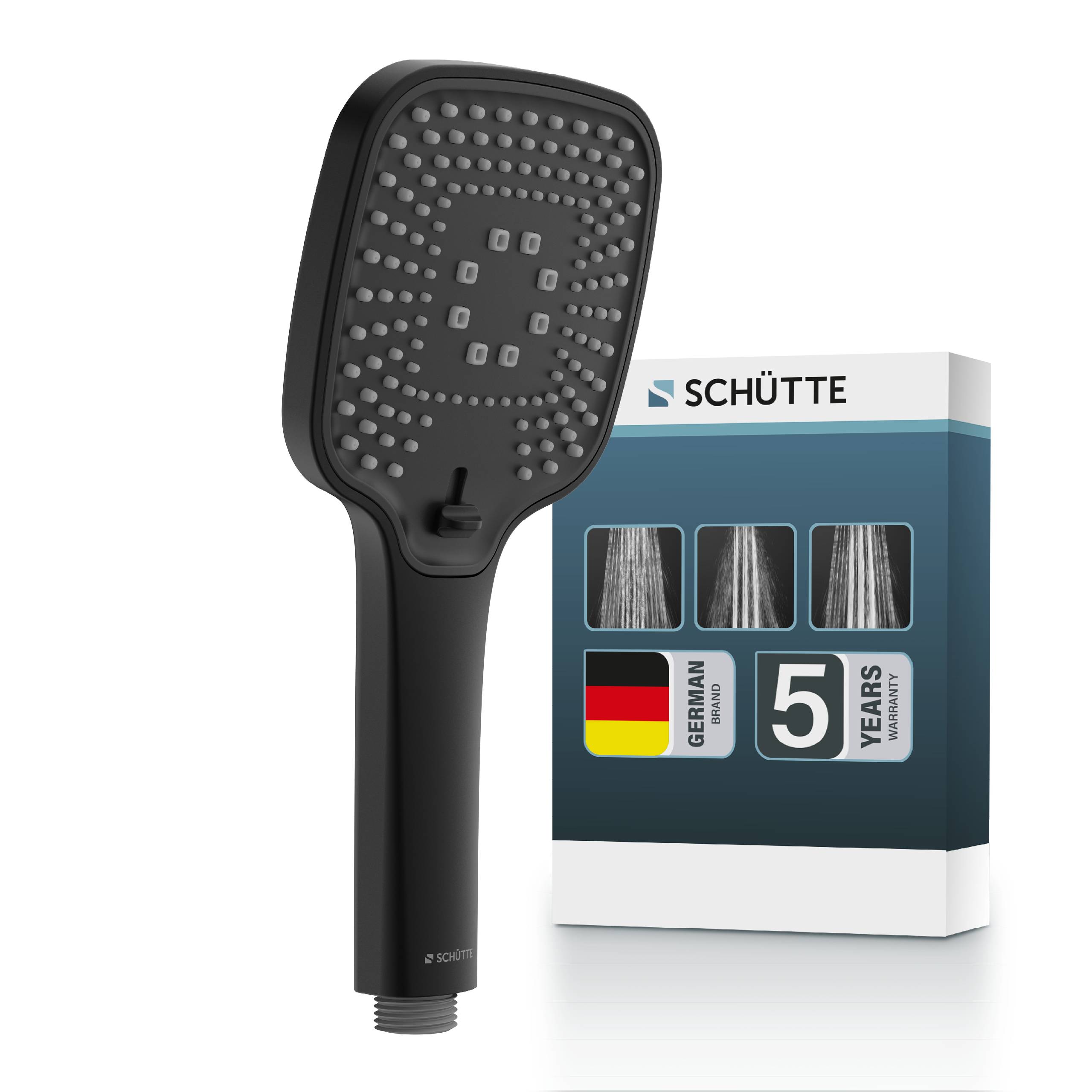 Schwarzer Duschkopf neben SCHÜTTE-Verpackung, gekennzeichnet mit deutscher Qualität und 5 Jahren Garantie.