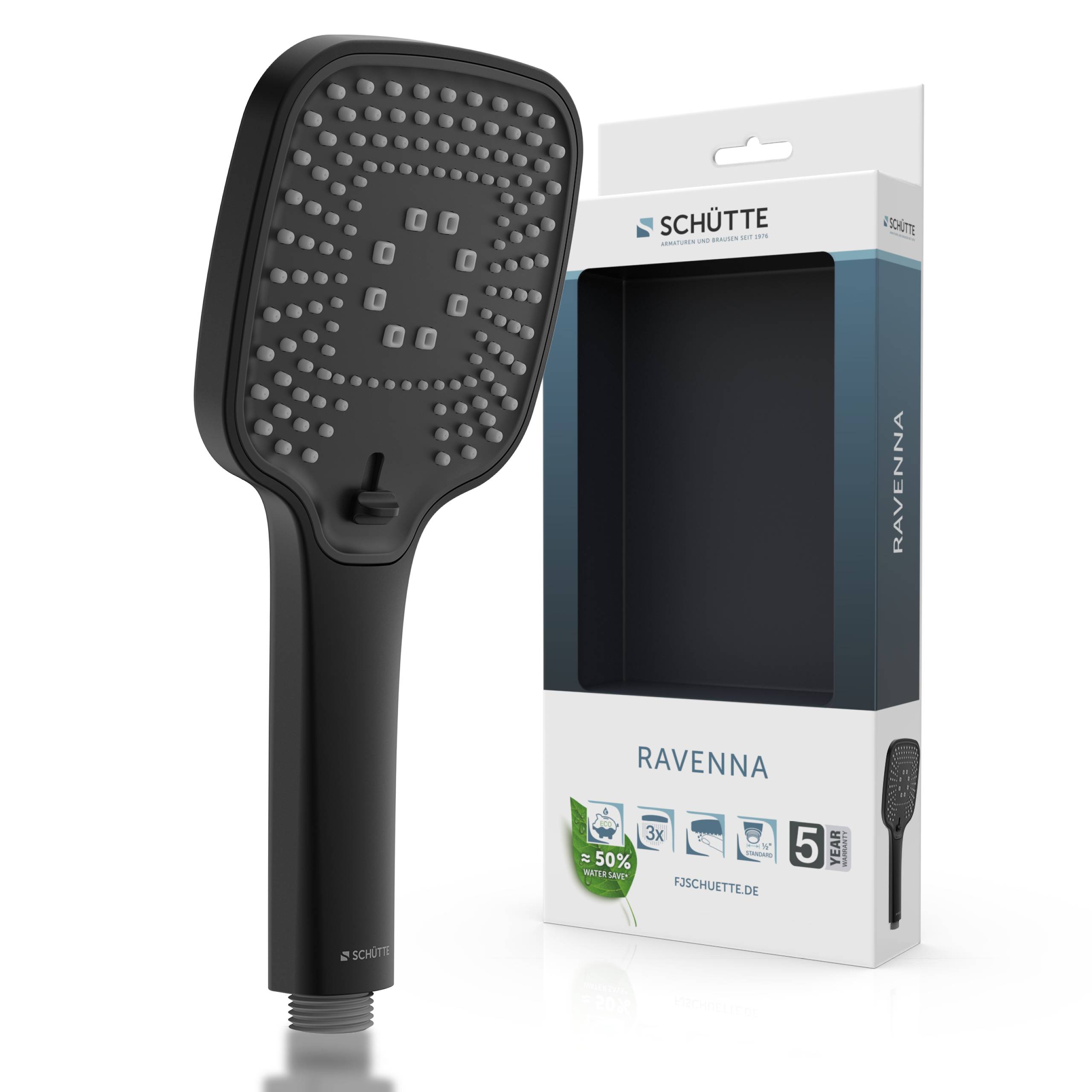 Ein schwarzer tragbarer Duschkopf mit Wasserdüsen, ausgestellt neben seiner Verpackungsschachtel mit der Bezeichnung 