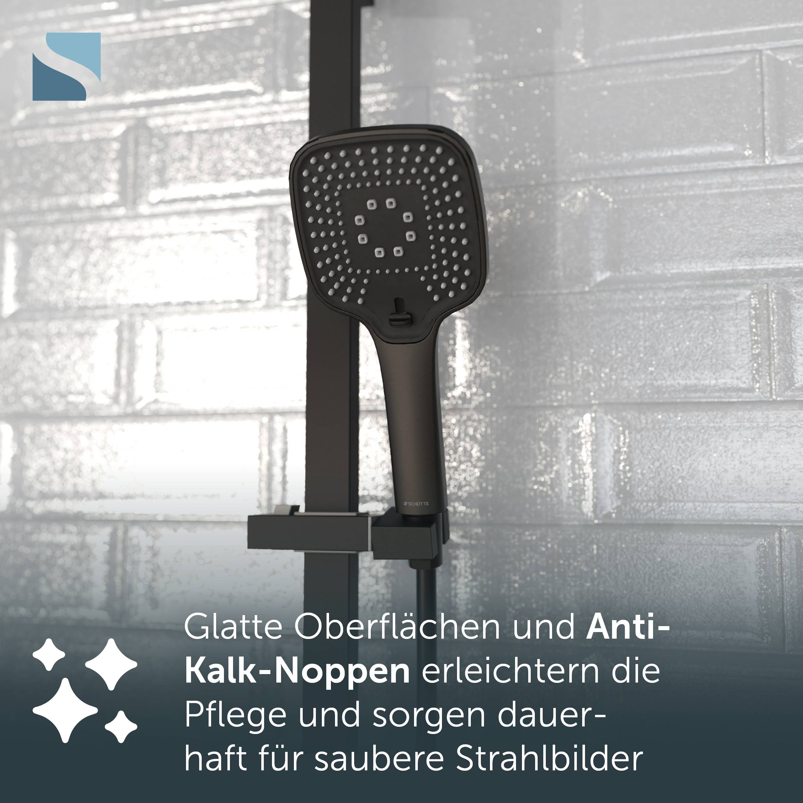Schwarze tragbare Duschbrause mit Anti-Kalk-Düsen, vor einer gekachelten Wand gezeigt mit deutschem Text über einfachere Reinigung und langanhaltende Sprühmuster.