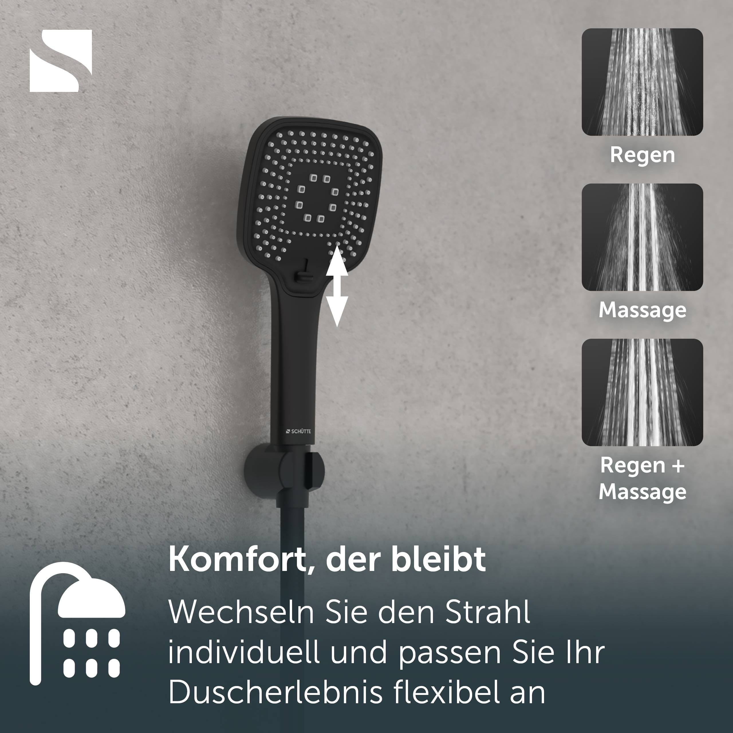 Schwarzer tragbarer Duschkopf an einer grauen Wand mit drei auf der rechten Seite gezeigten Sprüheinstellungen: „Regen", „Massage"" und „Regen + Massage""; deutscher Text besagt Komfort, der anhält und es Ihnen ermöglicht, das Sprühverhalten individuell zu ändern.