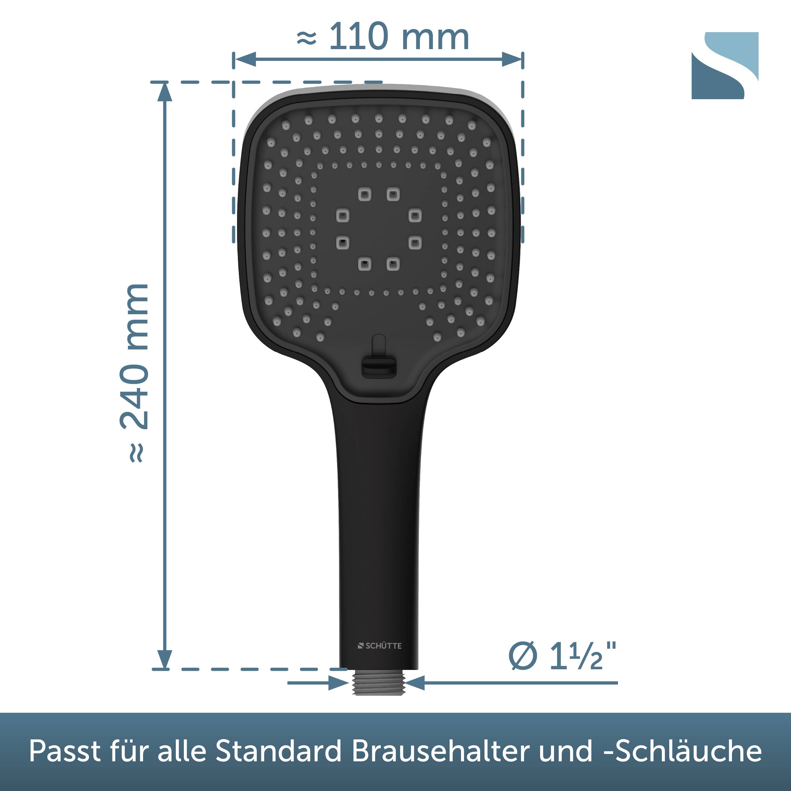 Schwarzer tragbarer Duschkopf in Vorderansicht mit Abmessungen: etwa 110 mm breit und 240 mm hoch, 1 1/2 Zoll Anschluss; die Beschriftung besagt, dass er in Standard-Duschhalter und Schläuche passt.