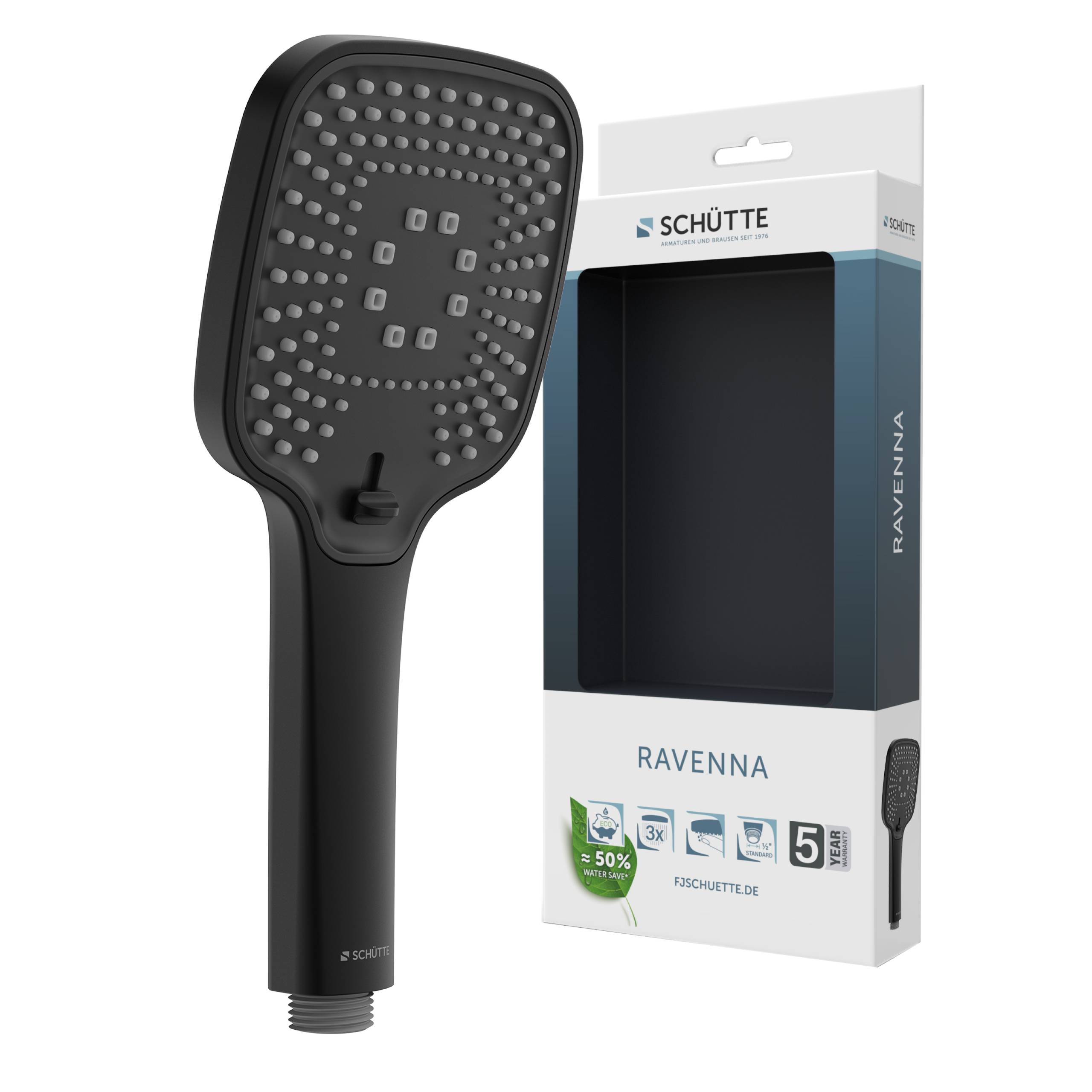 Ein schwarzer Duschkopf mit mehreren Strahleinstellungen wird neben seiner Verpackungsschachtel mit der Aufschrift 