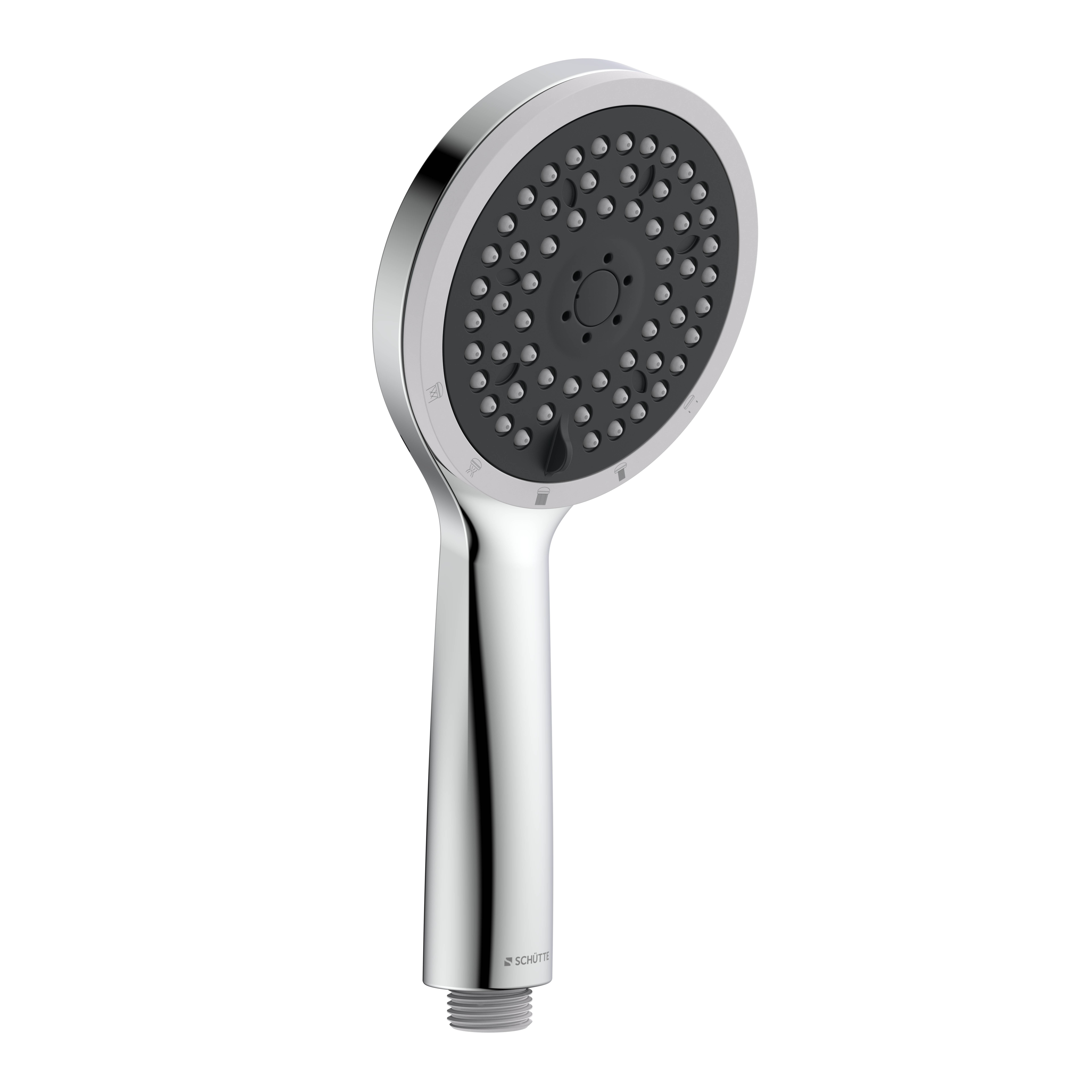 Ein eleganter, moderner tragbarer Duschkopf mit Chromoberfläche und kreisförmigem Sprühmuster auf schwarzem Hintergrund.