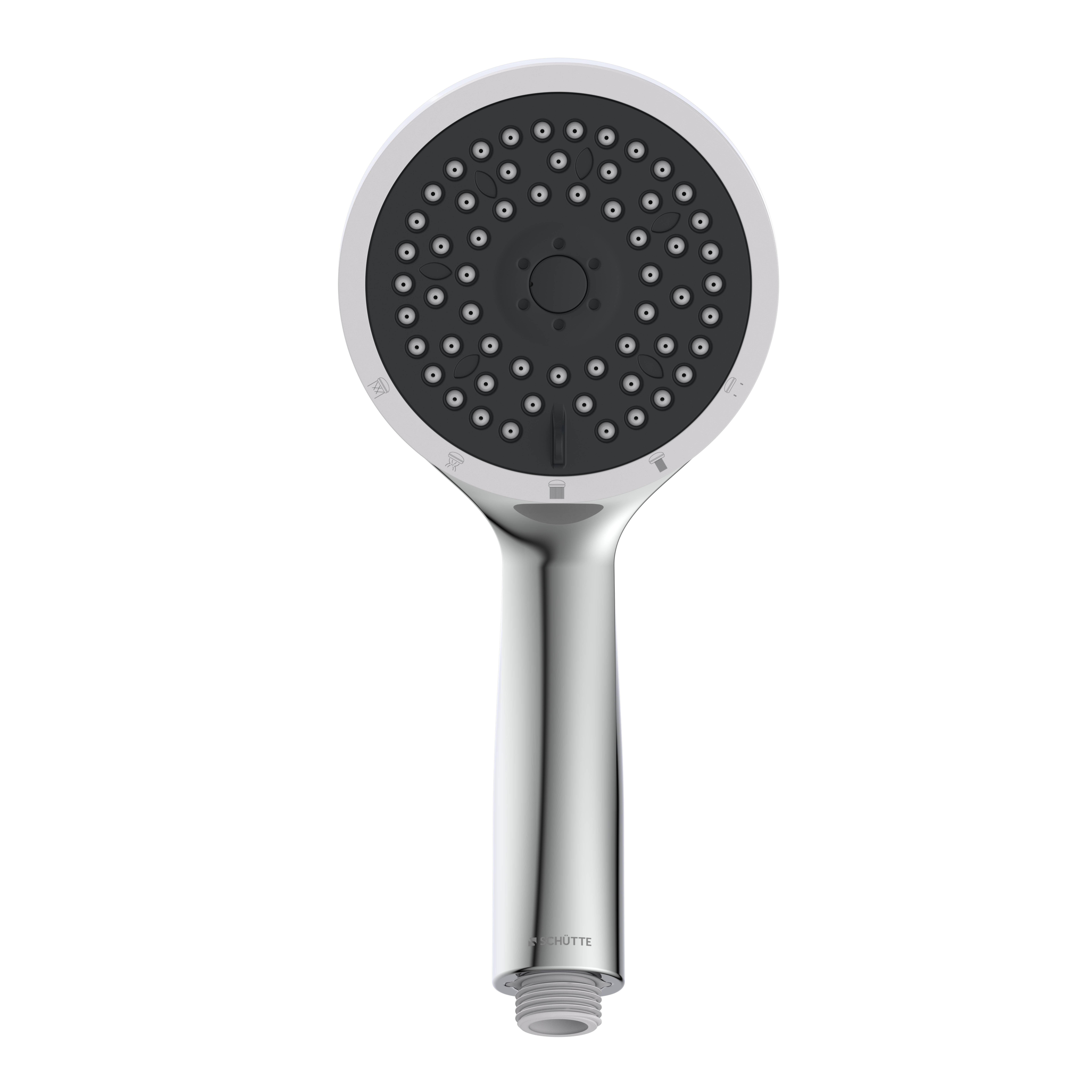 Verchromter tragbarer Duschkopf mit rundem, mehrstrahliger Sprühfläche auf schwarzem Hintergrund. Geeignet für moderne Badezimmer.