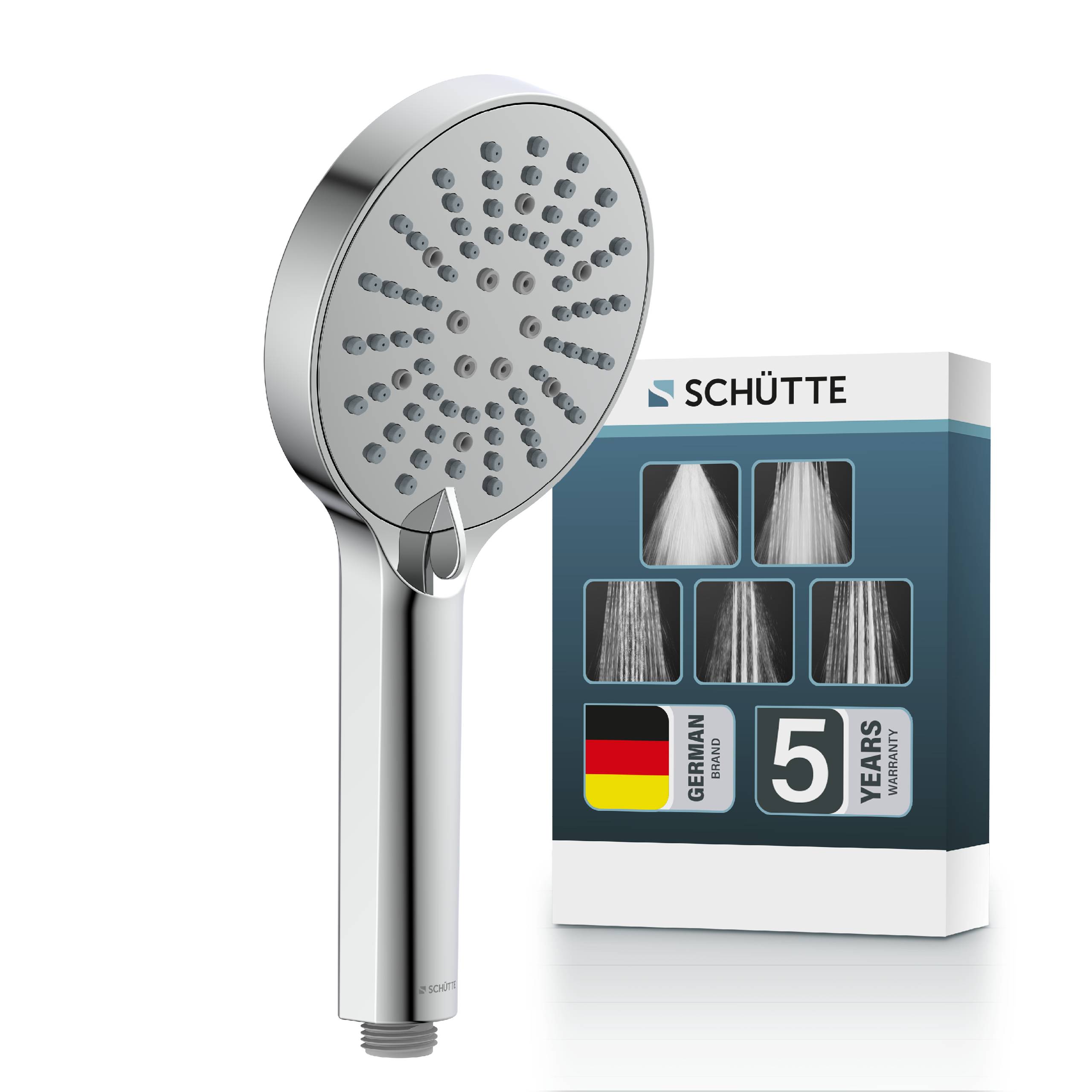 Verchromter tragbarer Duschkopf mit Verpackung gekennzeichnet als SCHÜTTE, zeigend Sprühmuster, 'Deutsche Qualität' und '5 Jahre Garantie'.