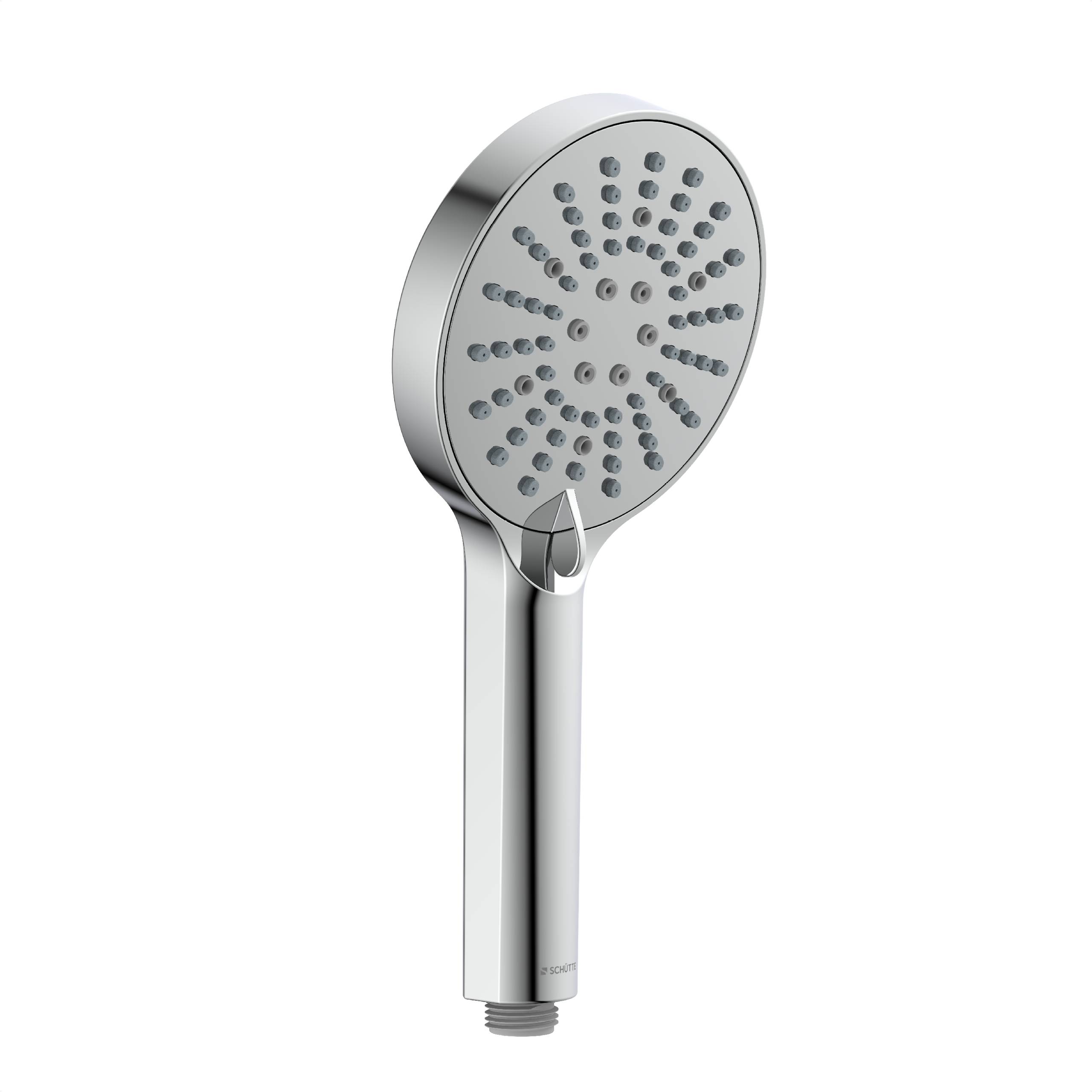 Chromgriff-Handbrausekopf mit mehreren Sprühdüsen auf weißem Hintergrund.