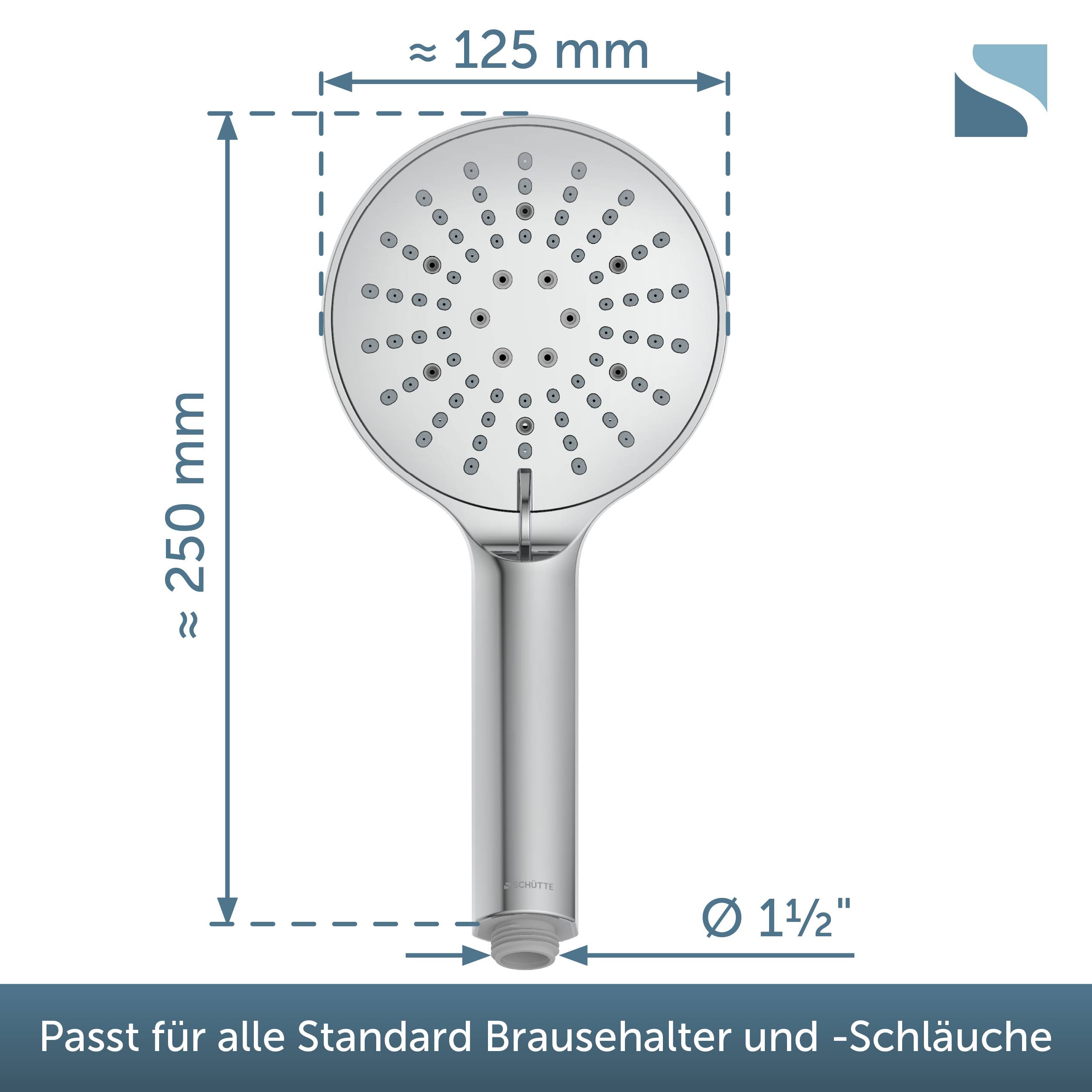 Illustrierte tragbare Duschkopf mit gekennzeichneten Abmessungen: ungefähr 125 mm breit und 250 mm hoch, 1,5-Zoll-Anschluss; der Text besagt, dass er in Standard-Duschhalter und Schläuche passt.