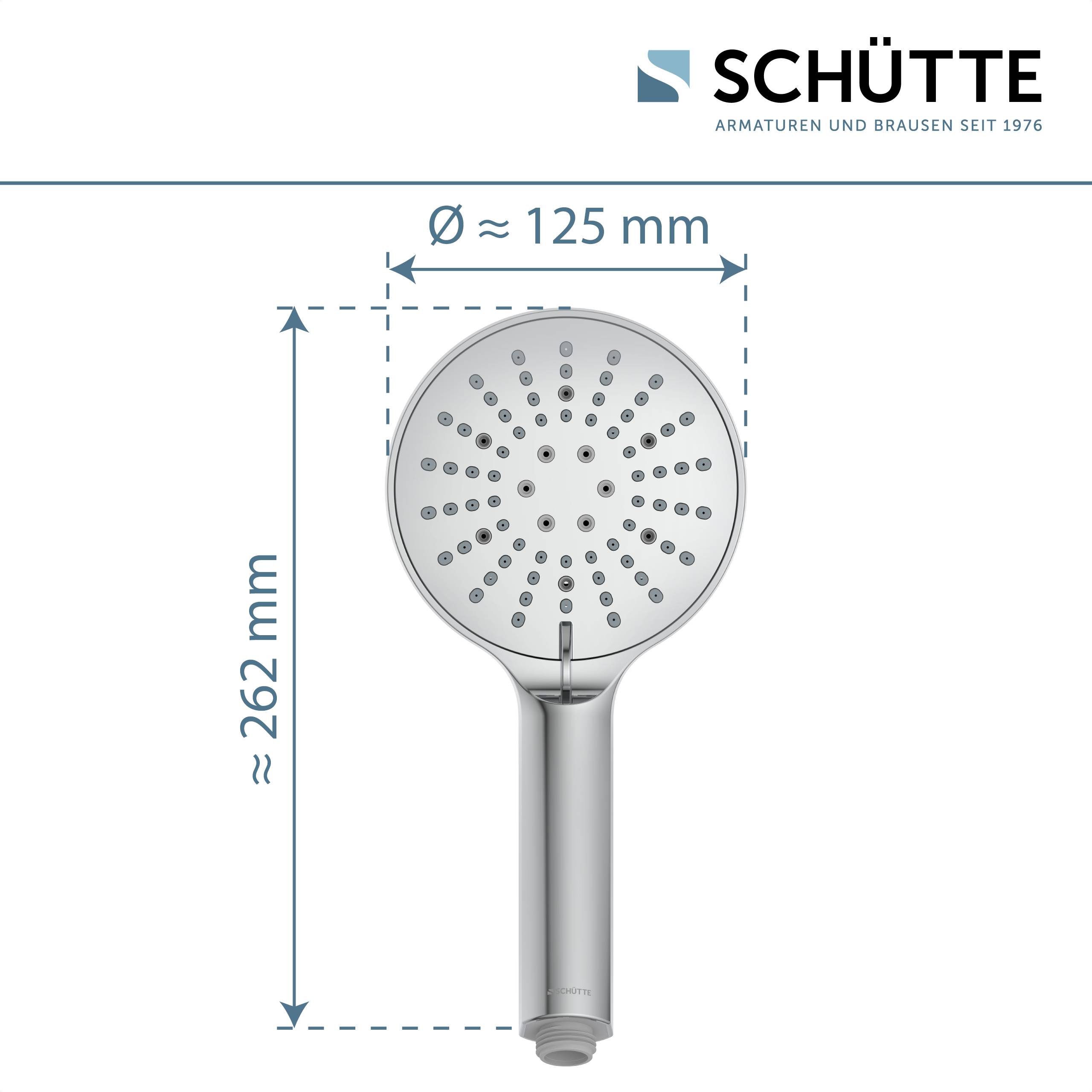Ein grauer Duschkopf von Schütte wird gezeigt mit den Abmessungen: 125 mm Durchmesser und 262 mm Länge.
