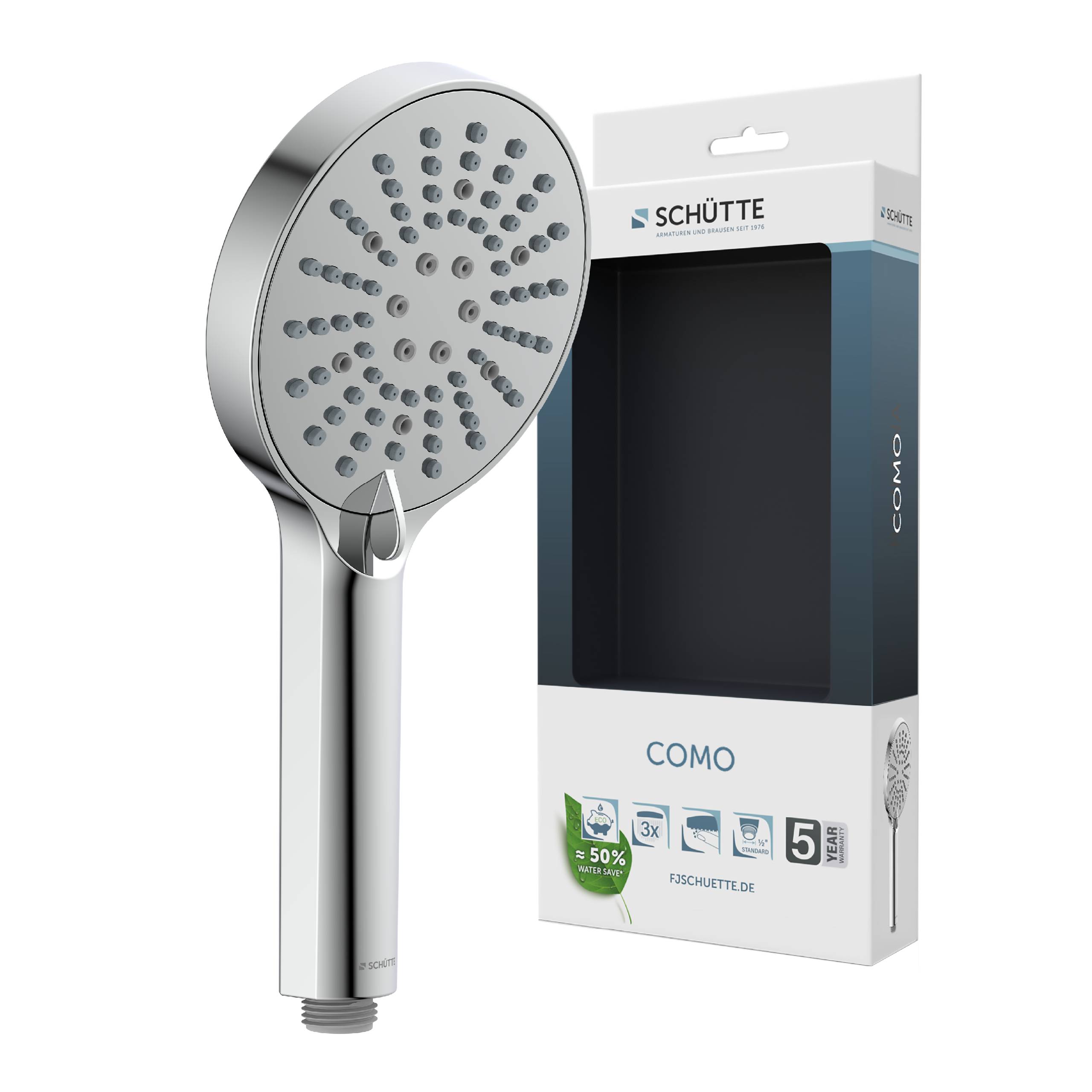 Duschkopf in glänzendem Chromfinish mit verstellbaren Sprüheinstellungen, abgebildet neben seiner Verpackung.