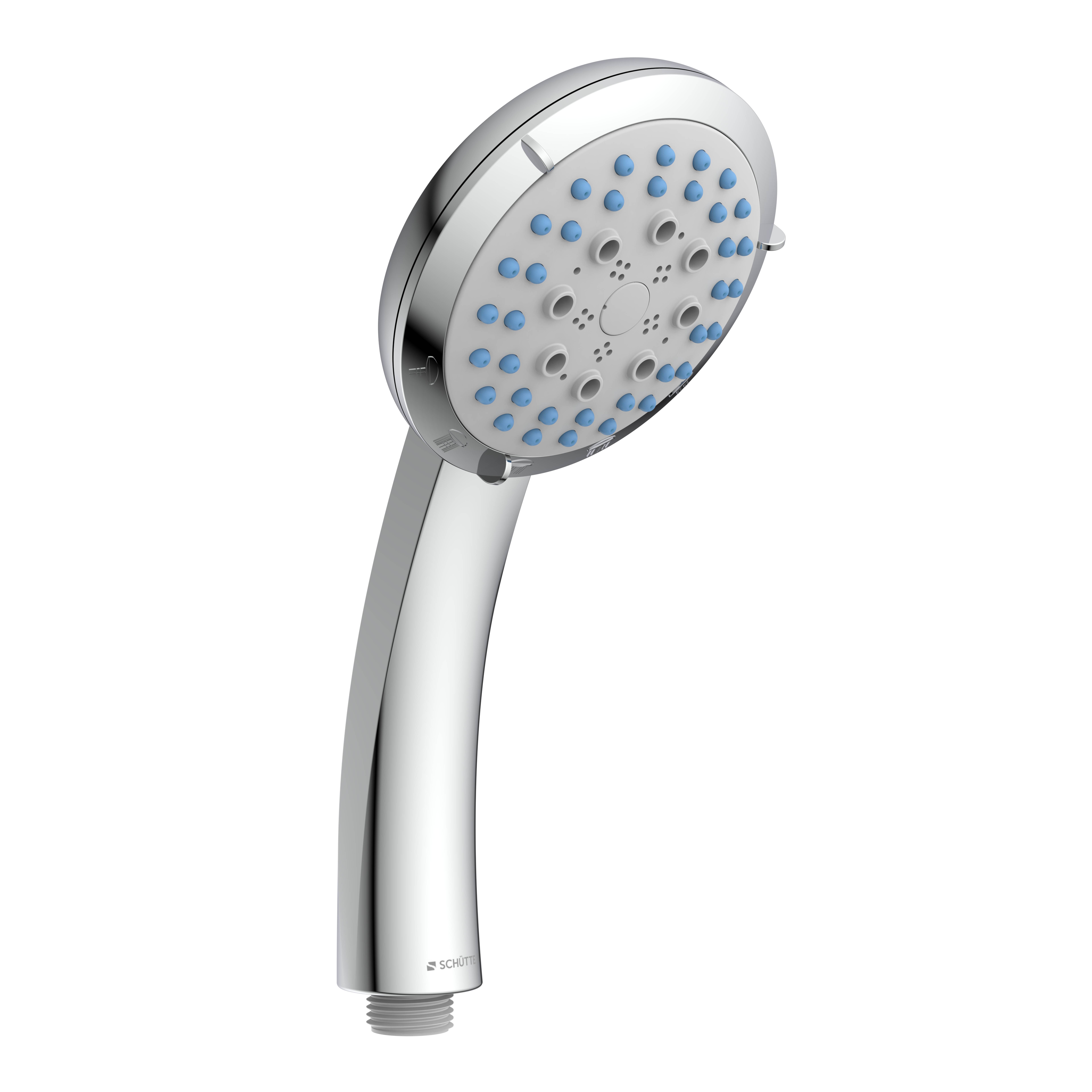 Duschablage mit Badeprodukten, einschließlich Flaschen und einem Luffa, auf einer Stange montiert. Verpackung auf der rechten Seite mit Produktdetails.