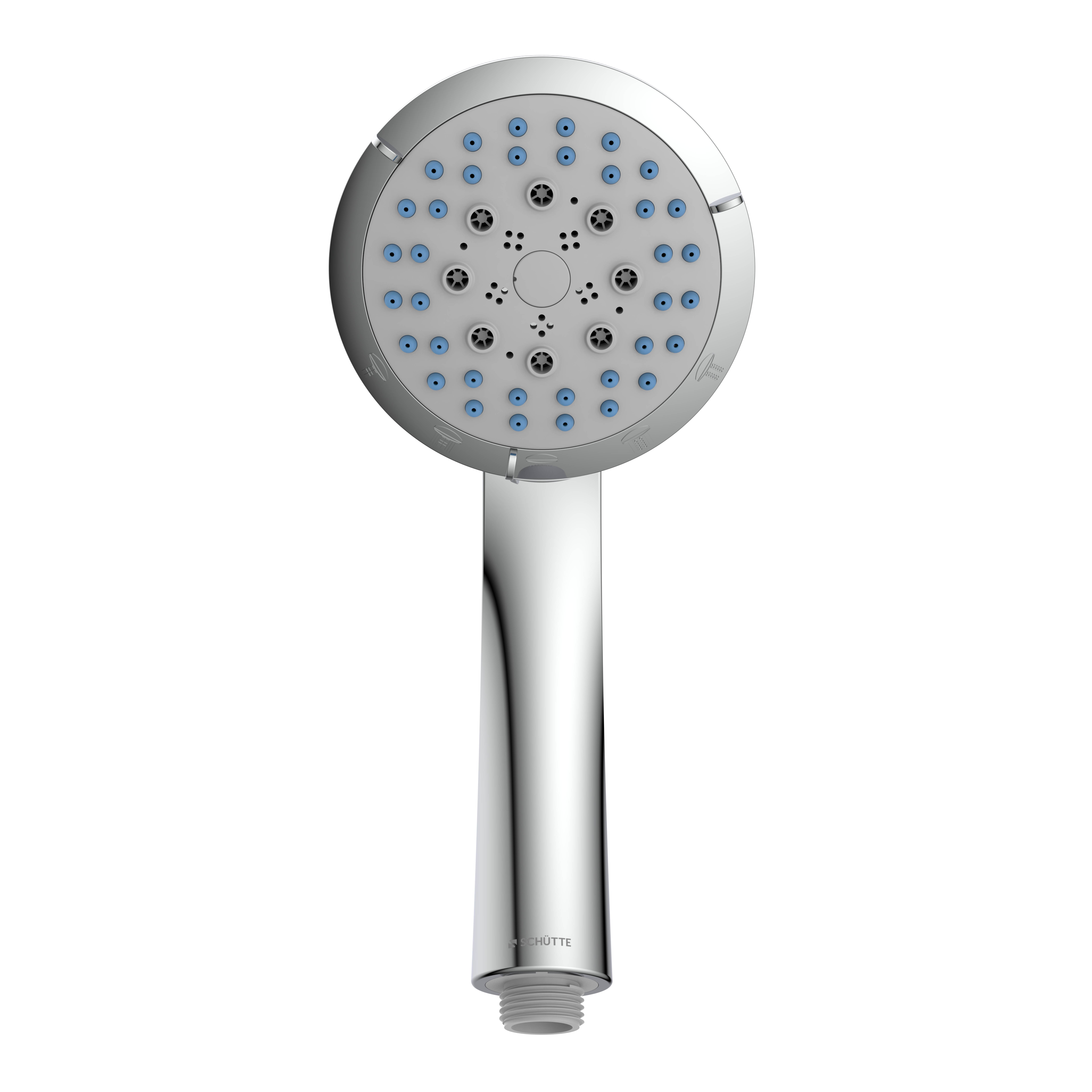 Ein verchromter tragbarer Duschkopf mit rundem Gesicht, mit mehreren Düsen und einem zentralen Sprühmuster, auf schwarzem Hintergrund.