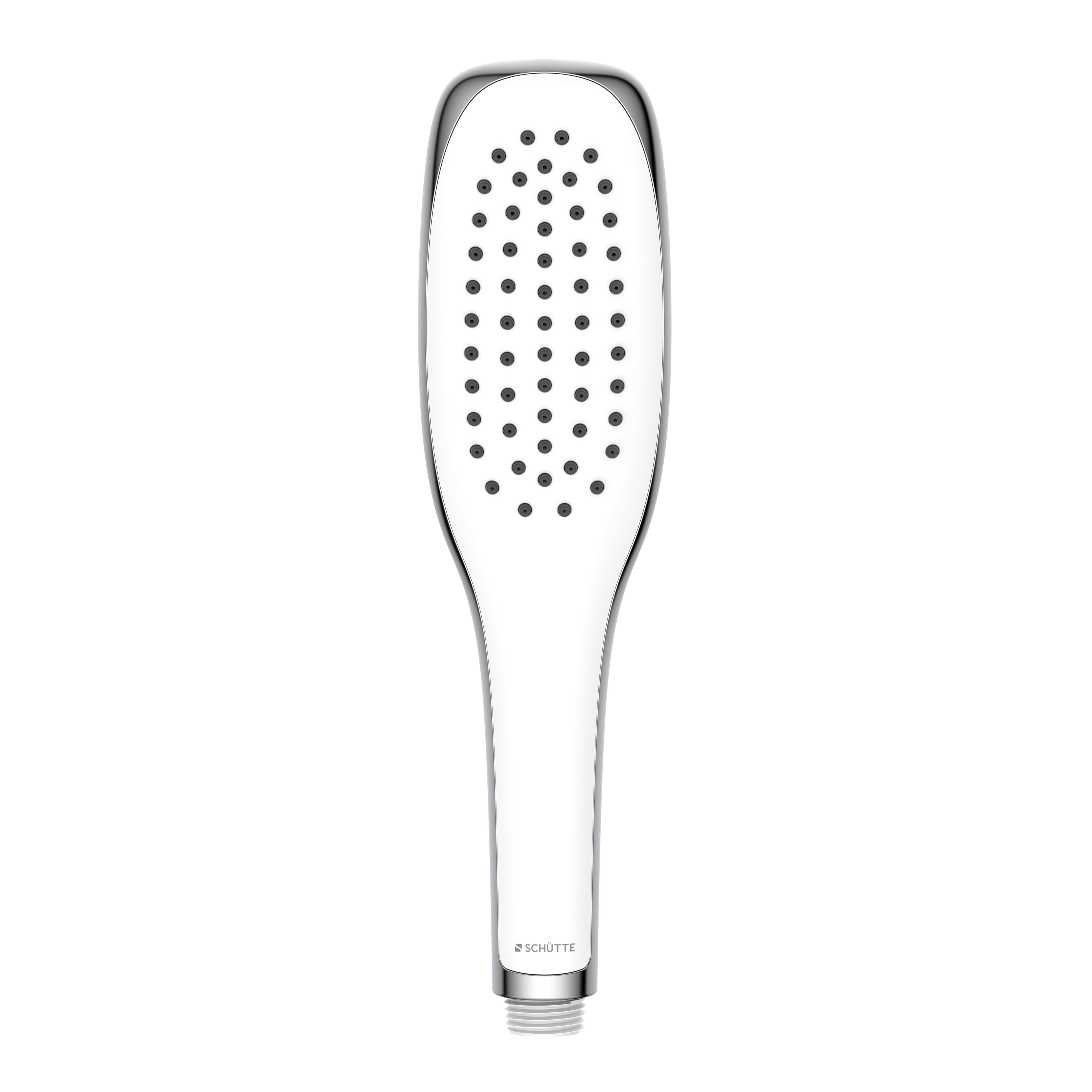 Handbrause mit stromlinienförmigem, weißem Design und mehreren gleichmäßig verteilten Sprühdüsen.