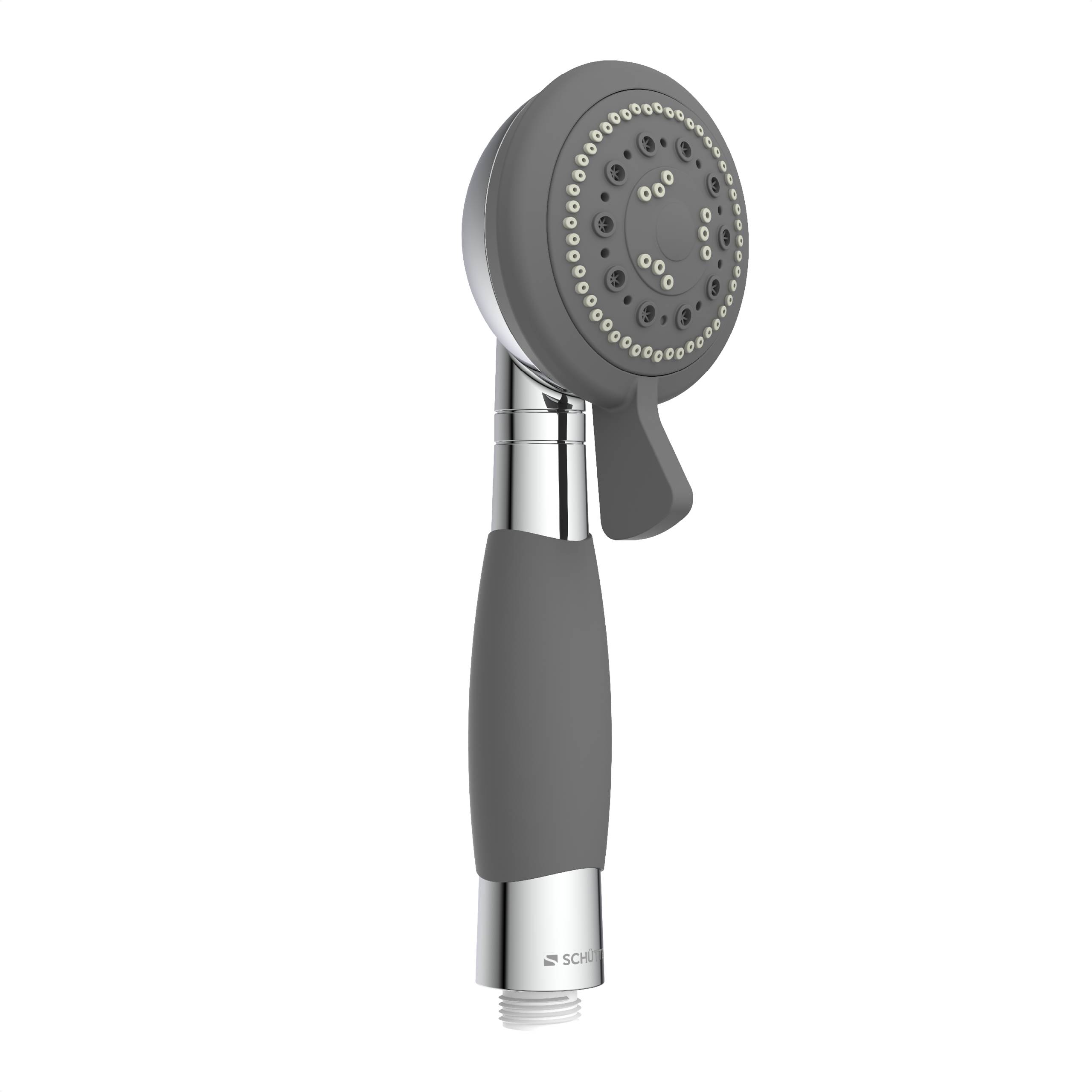 Ein tragbarer Duschkopf mit grauem Griff und einstellbaren Sprüheinstellungen, konzipiert für komfortablen Halt und moderne Badezimmerästhetik.