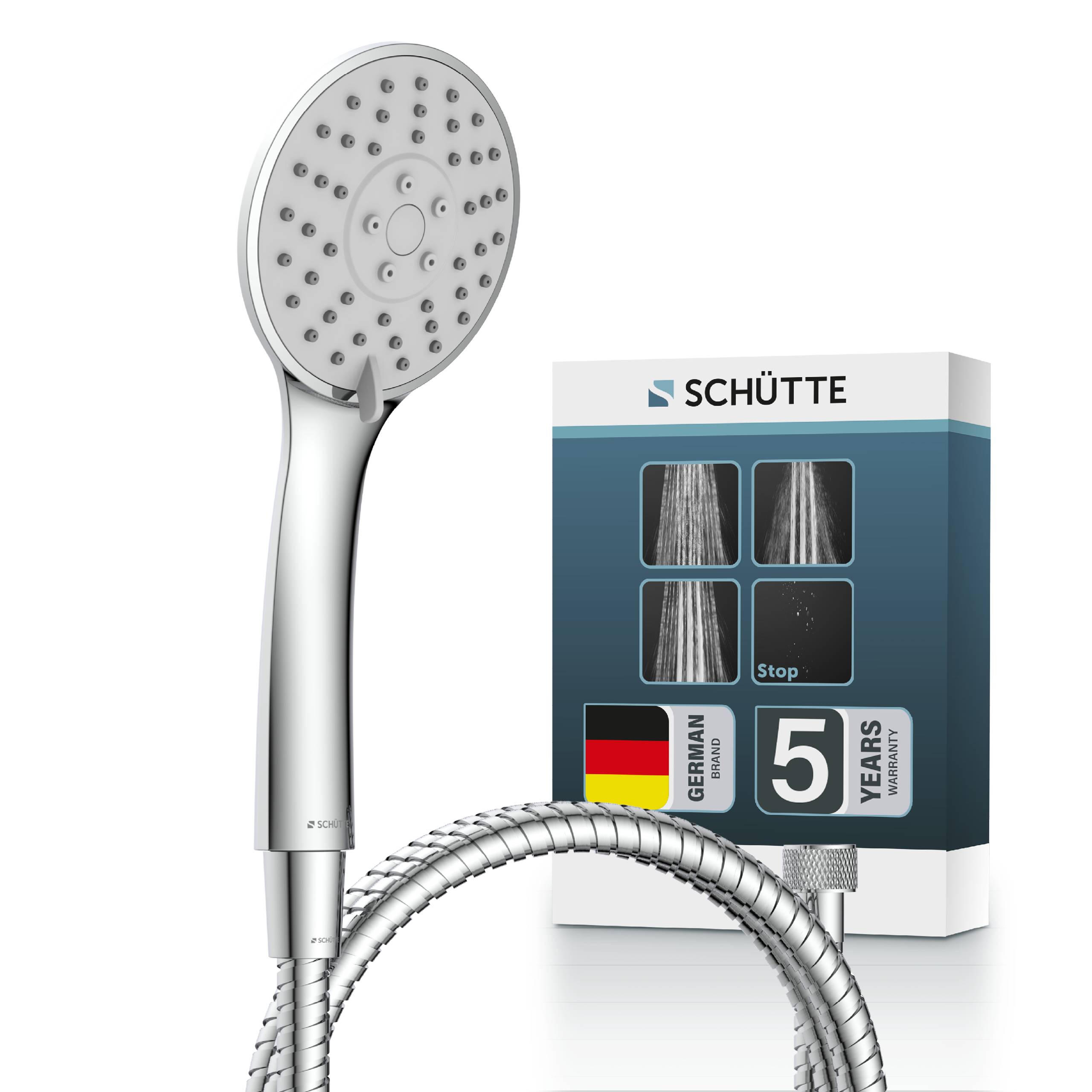 Duschkopf mit flexiblem Schlauch neben SCHÜTTE-Produktbox, die Sprühmodi, 'Stop'-Taste, deutsche Flagge und '5 Jahre Garantie' zeigt.